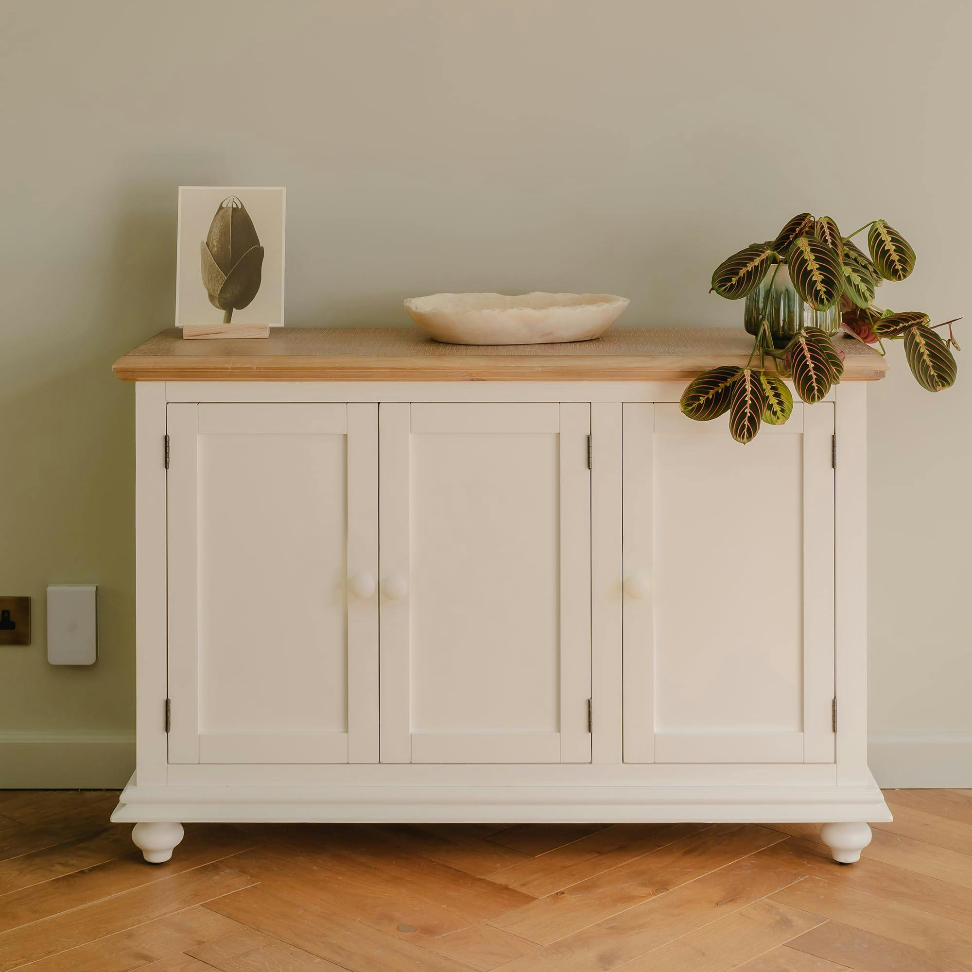 Rackhams White Shire Sideboard With Oak Top, 3 Doors Wooden Storage Cupboard - Standard