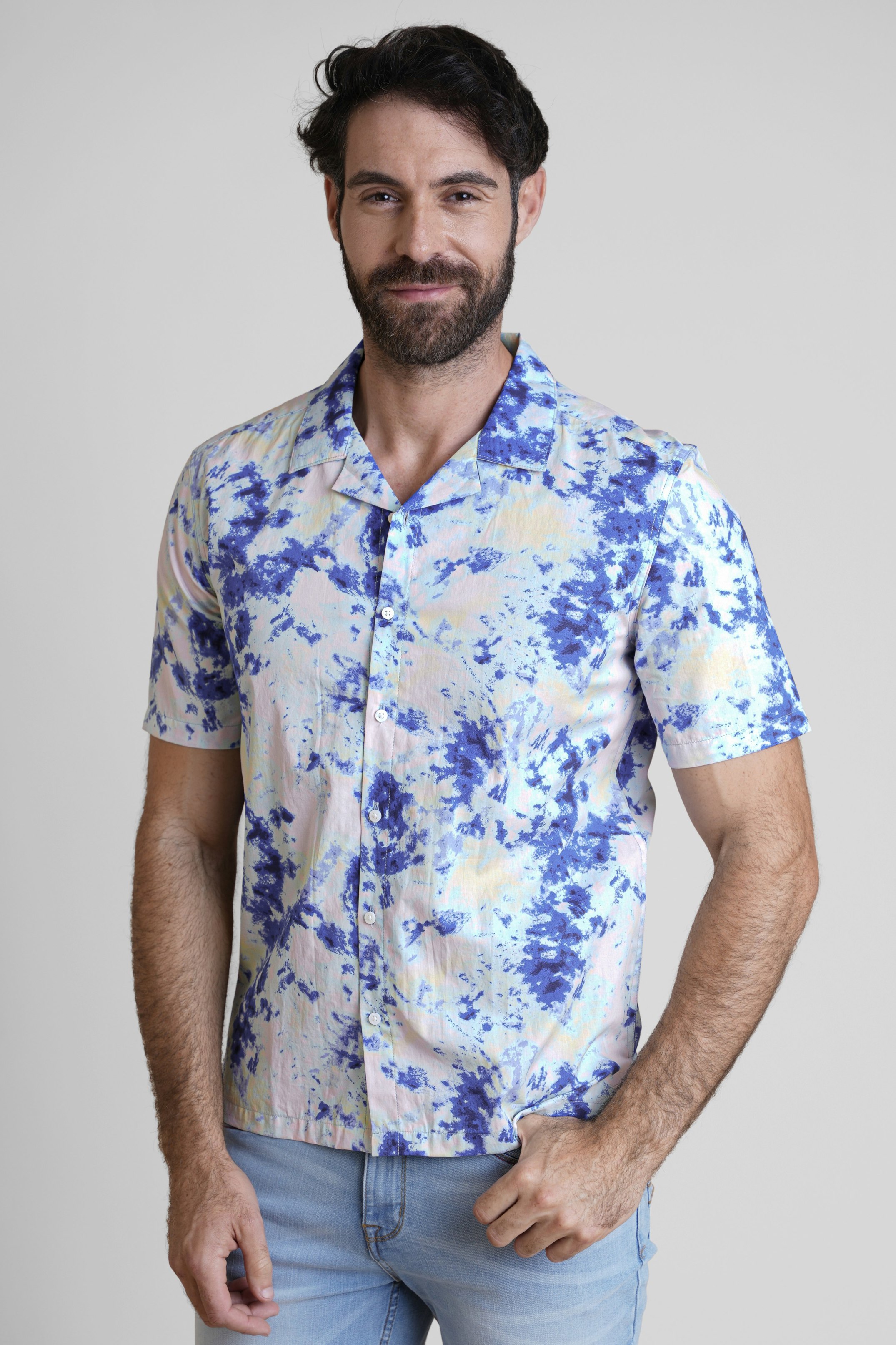 Enorsia Revere Collar Short Sleeves Printed Shirt - Xxl - Navy - 100% Cotton.