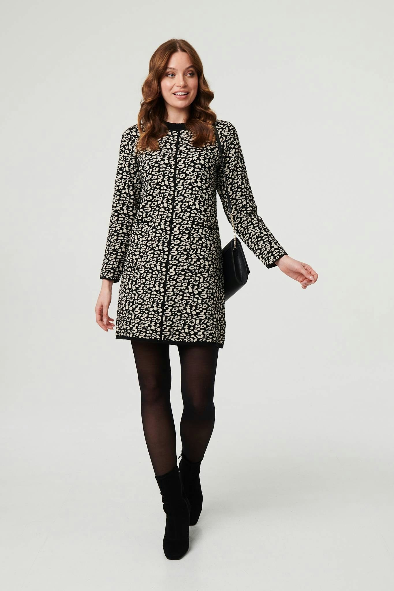 Izabel London Black Animal Print Short Knit Shift Dress - 12