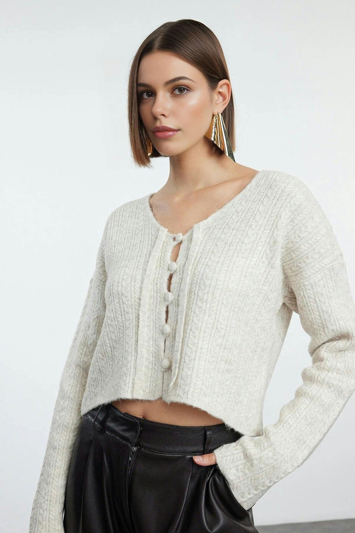Wovcor Crop Soft Textured Knit Cardigan With Button Detail - Stone - S