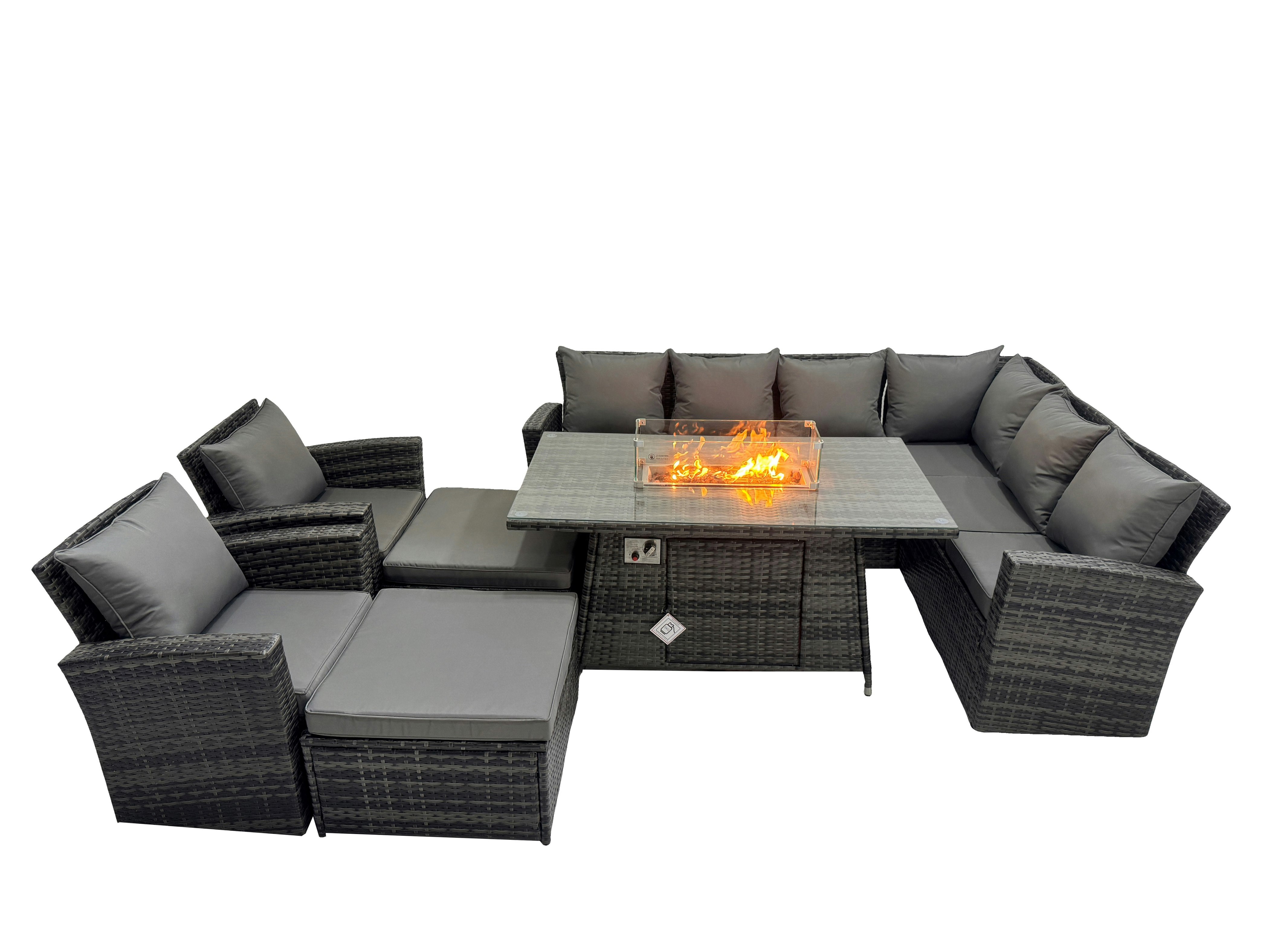 Fimous Dark/Grey Outdoor Furniture Garden Dining Set Rattan Corner Sofa Chair Sets Gas Fire Pit Table With Temper Glass 2 Big Footstools Mixed