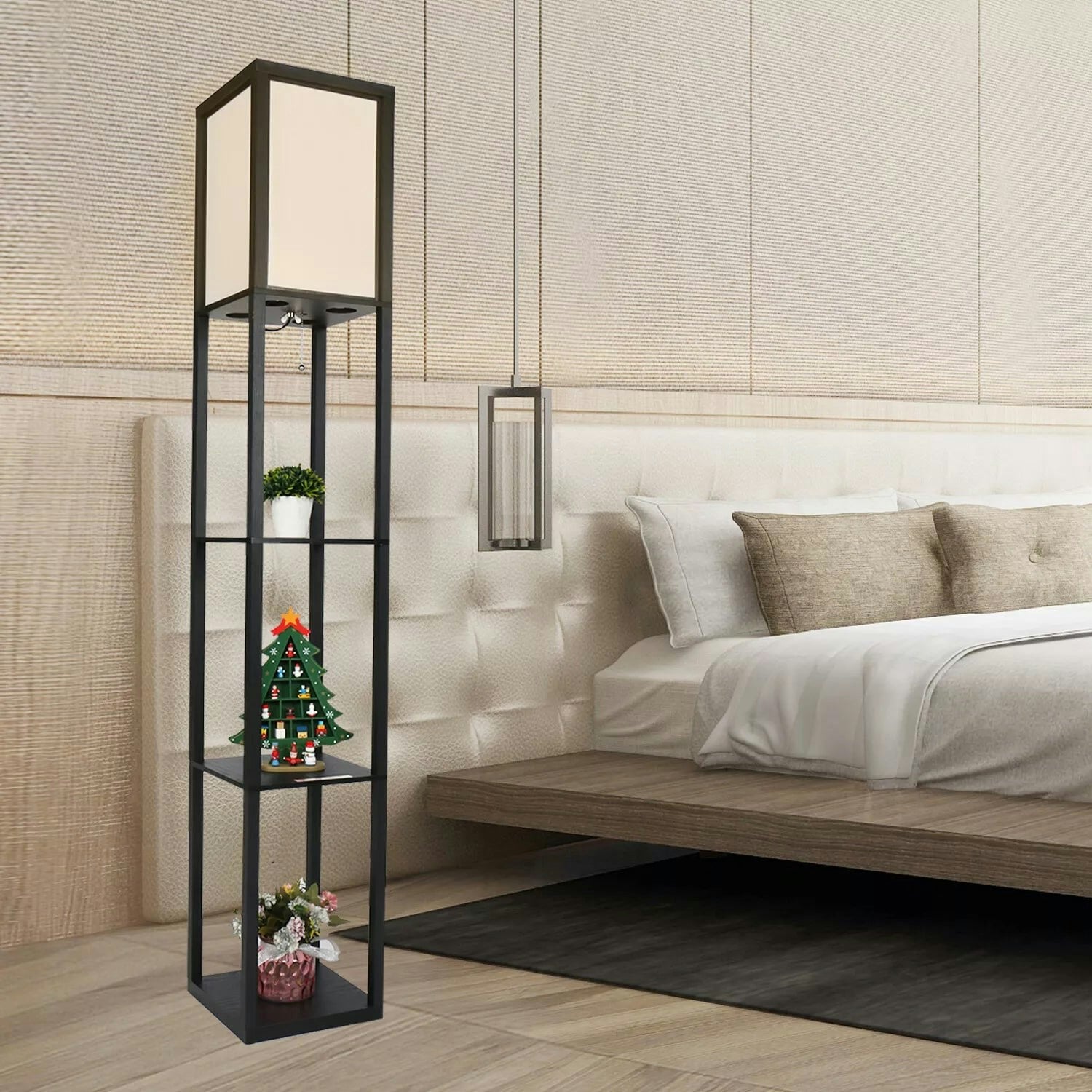 Rackhams Black Modern Floor Lamp For Living Room With 3 Shelves