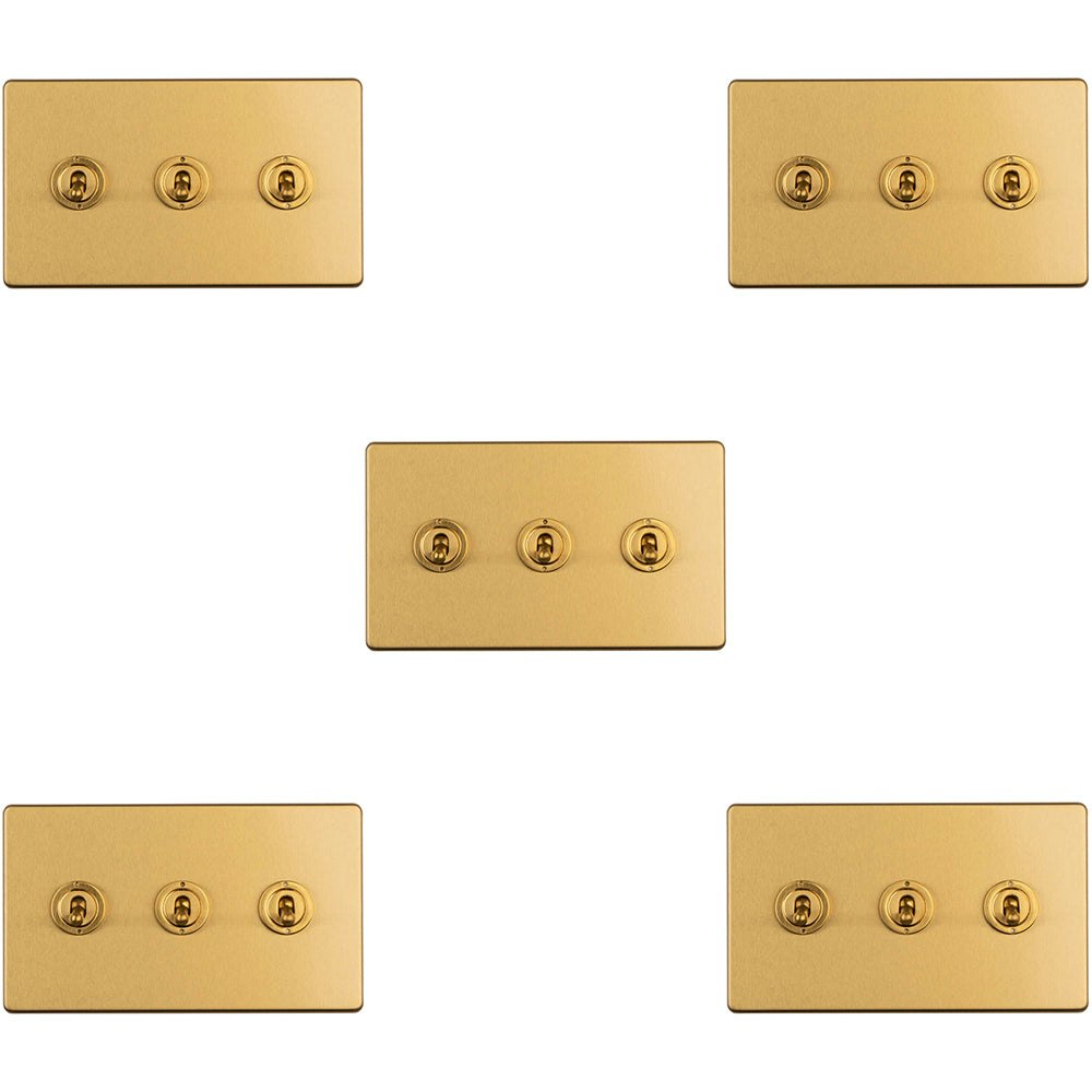 Rackhams Light Pack 3 Gang Triple Retro Toggle Switch Screwless Satin Brass 10A 2 Way Size 5