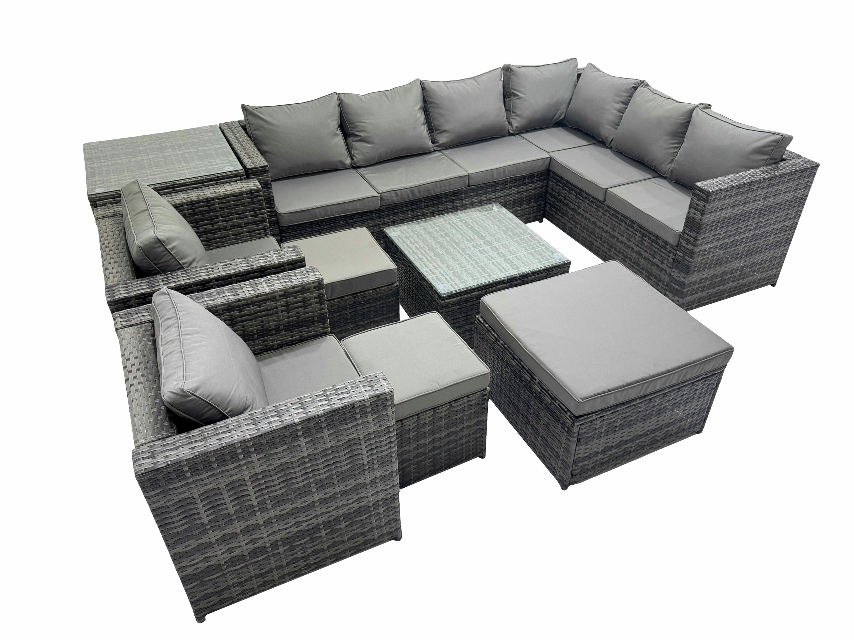 Fimous Dark/Grey Outdoor Pe Rattan Garden Furniture Sofa Set With Square Coffee Table 3 Stools Side Table 2 Chair