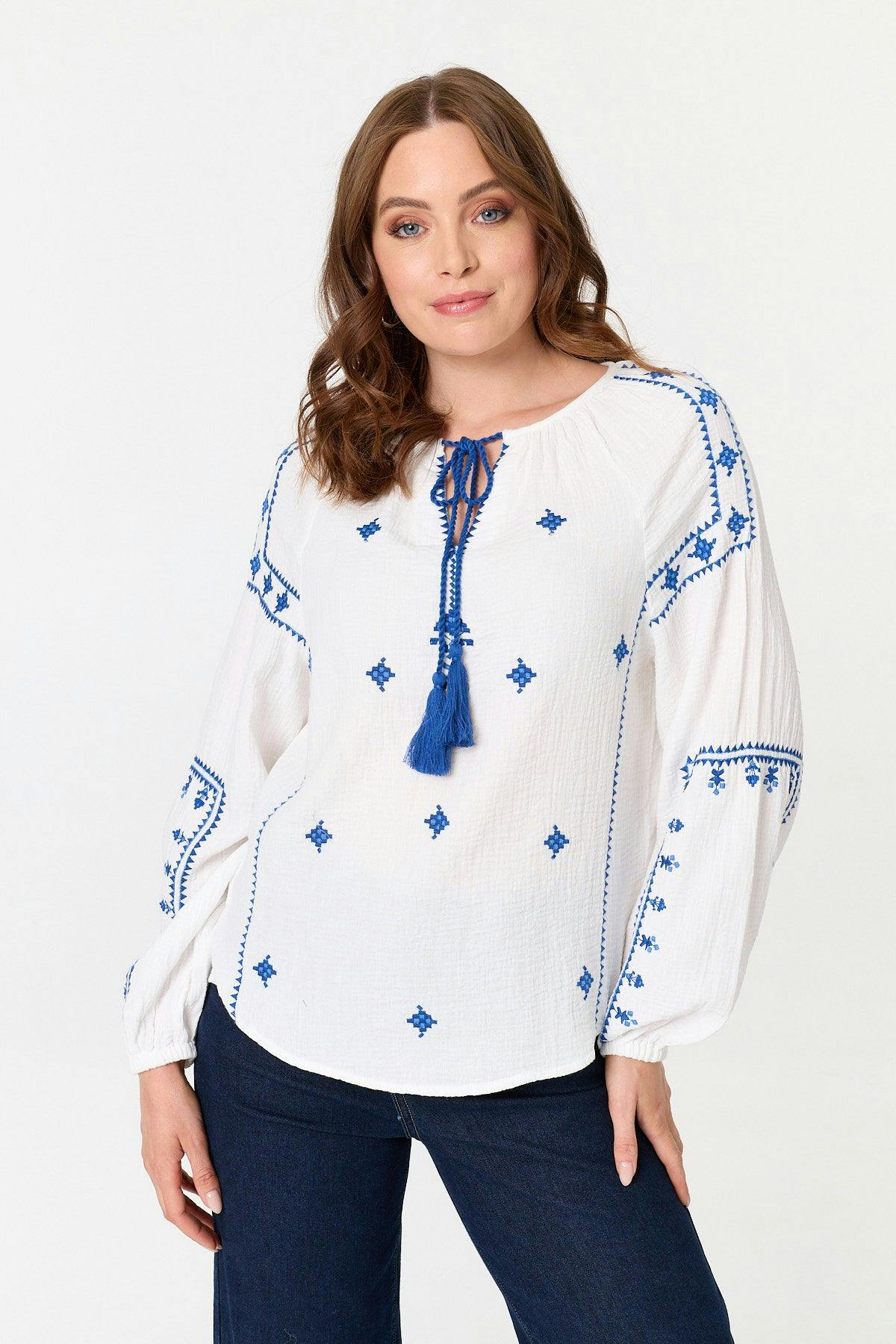 Izabel London White Printed Tassel Tie Neck Long Sleeve Top - 8