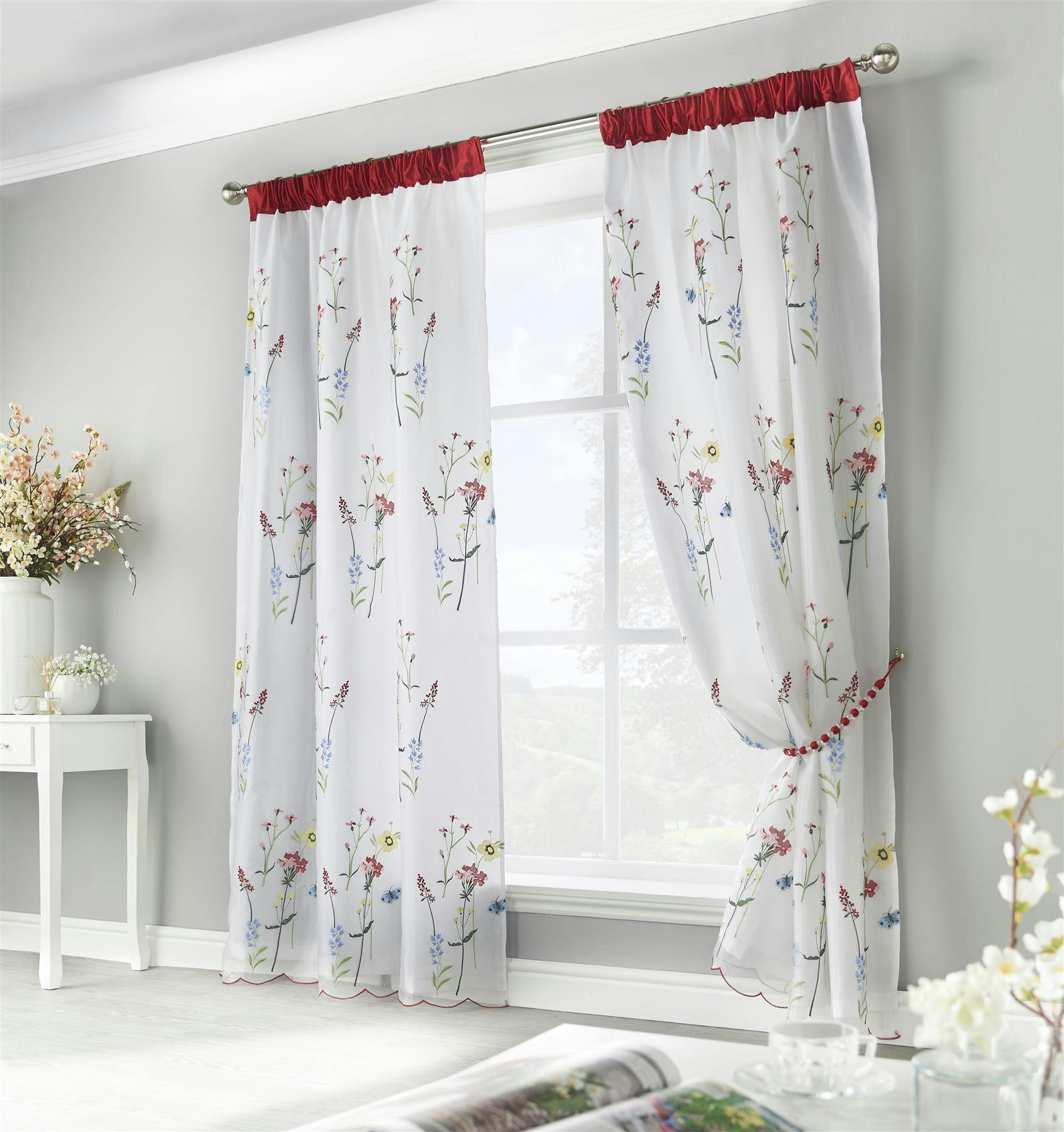 Rackhams Light/Red Spring Embroide Voile Curtains - 145Cm Width X 137Cm Drop