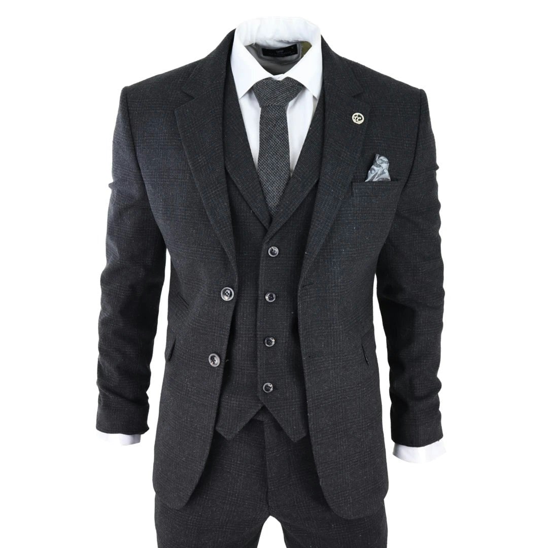 Truclothing Men's Black Ak-11 - Tweed 3 Piece Suit Check 1920S Gatsby Blinders - 42" Jacket 36" Trousers