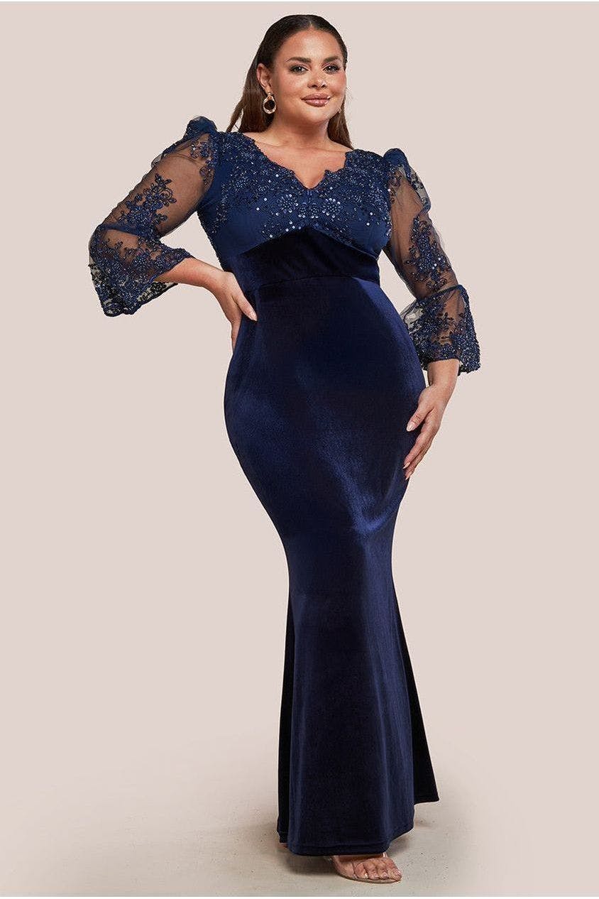 Goddiva Plus Black Scalloped Lace & Velvet Maxi Dress - Navy By - Navy - 20