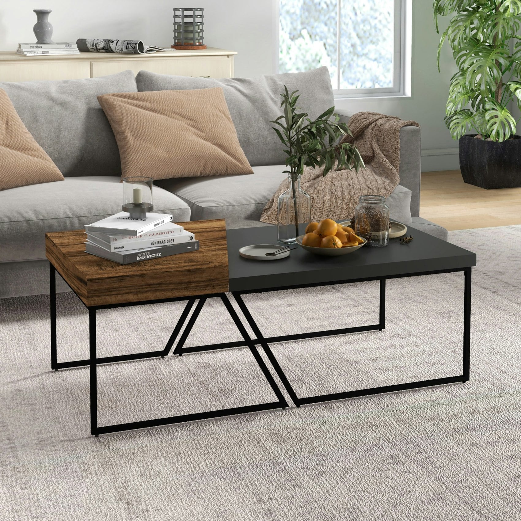 Rackhams Brown Coffee Table Set Of 2, Coffee Tables With Steel Frame For Living Room - Rustic