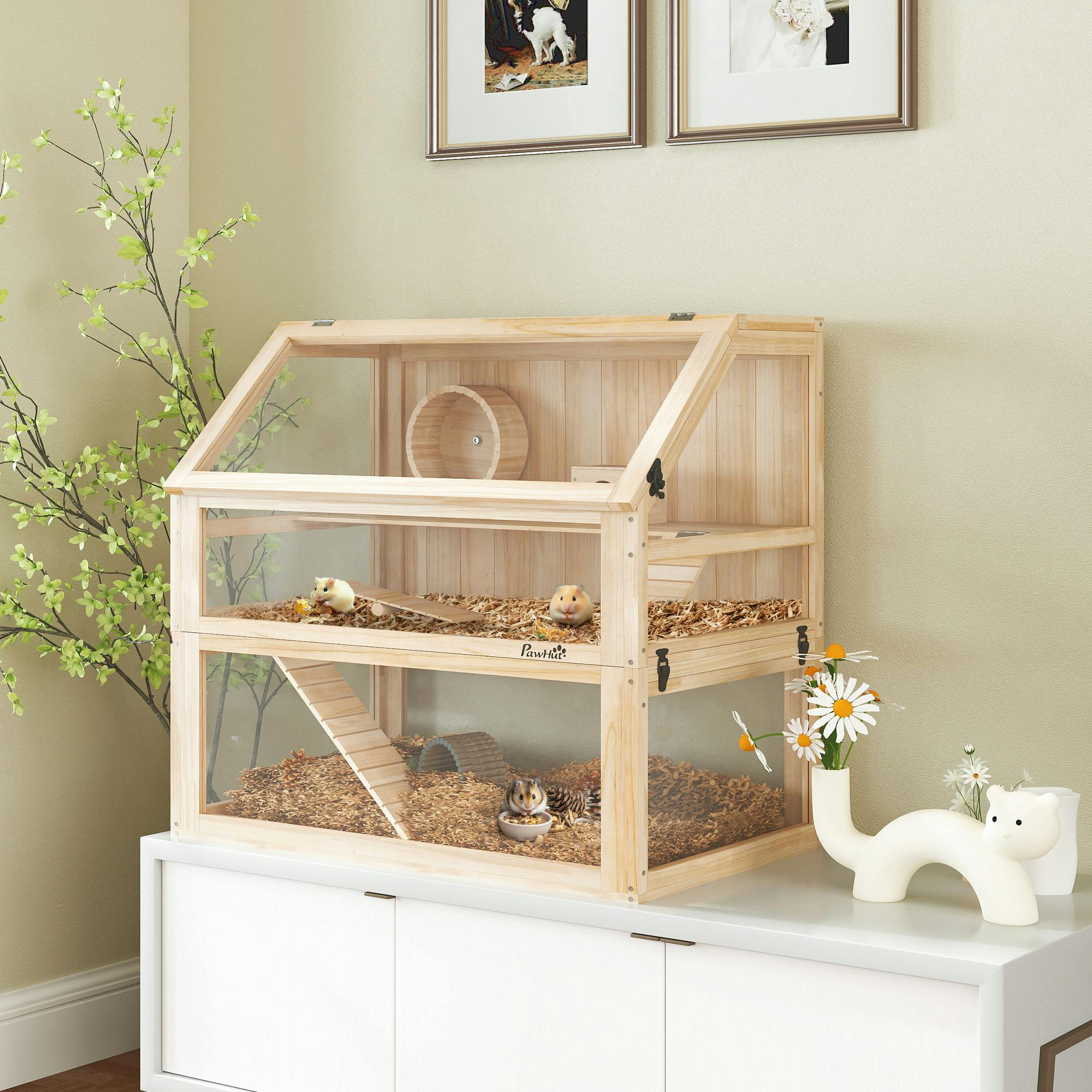 Pawhut Wooden Hamster Cage W/ Detachable Bottom, Hut, Seesaw, Natural