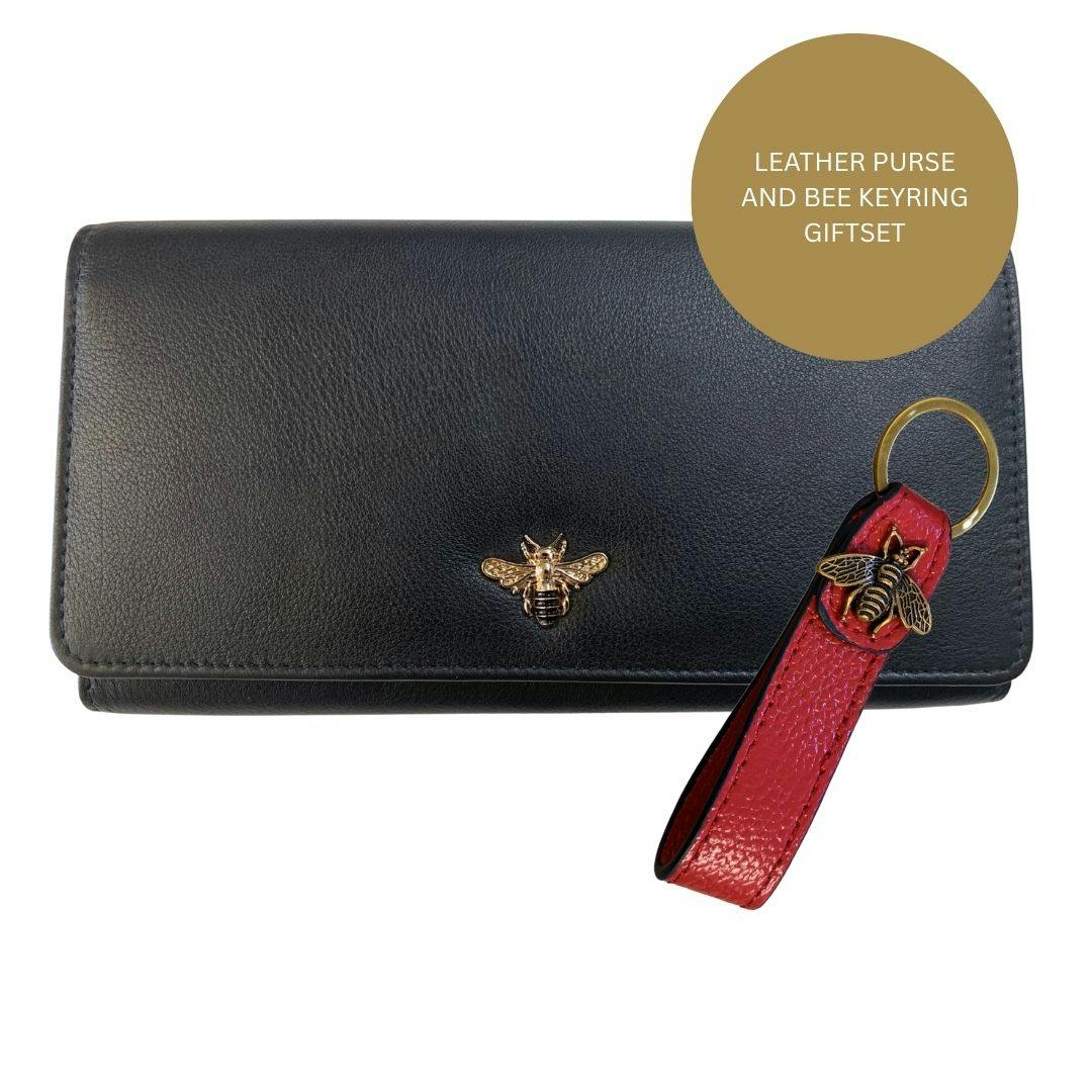 Love Emvy Red Leather Bee Gift Set – Genuine Leather Matinee Purse And Bee Keyring