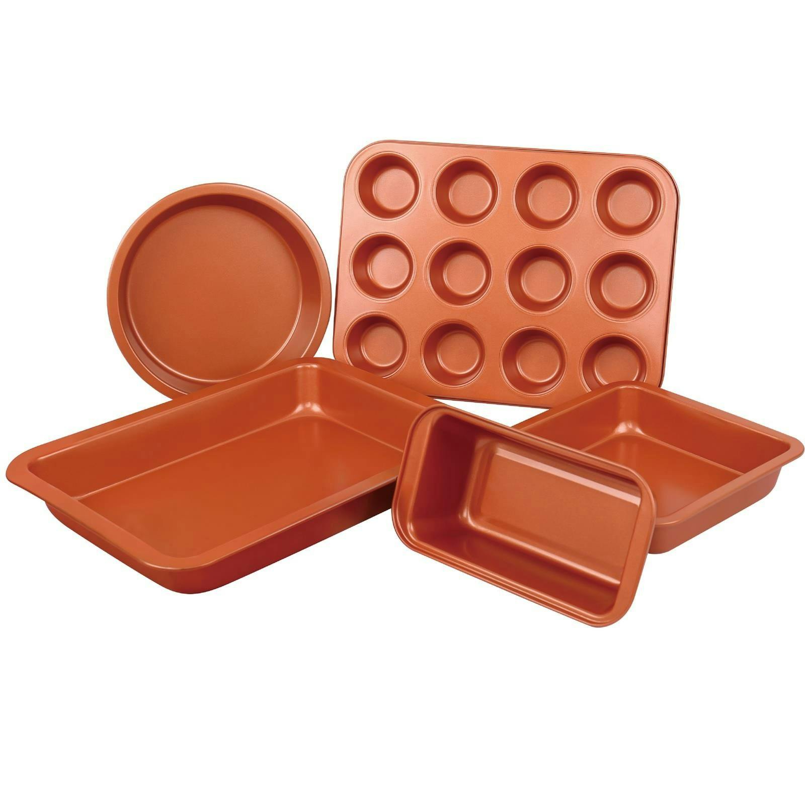 Rackhams Copper Non Stick 5 Pc Cake Biscuit Muffin Oven Baking Tin Tray Pan Bakeware Set - Copper
