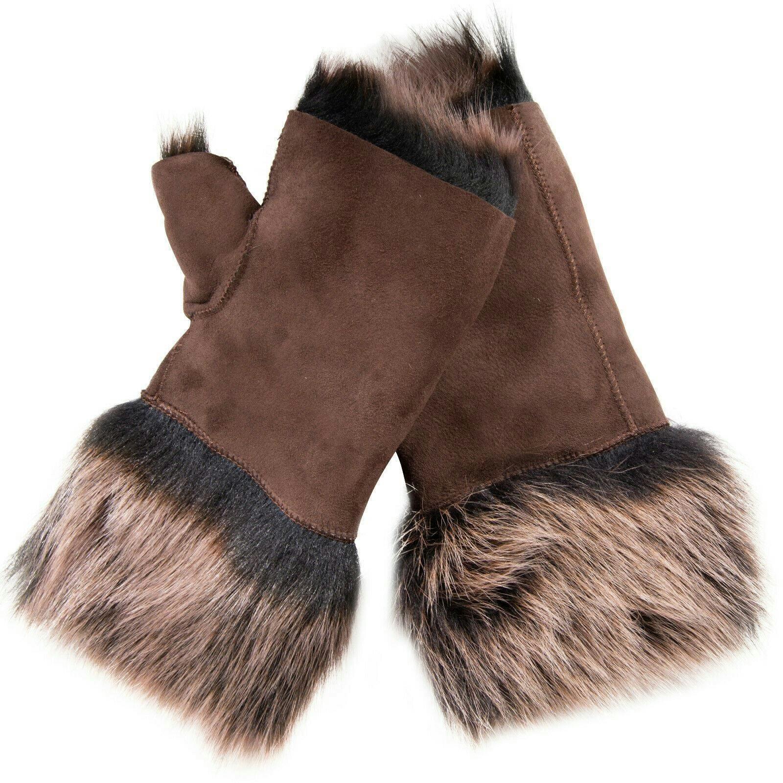 Infinity Leather Women's Brown/Gold Shearling Mittens Fingerless Cuffs Toscana Suede Sheepskin Fur - One Size