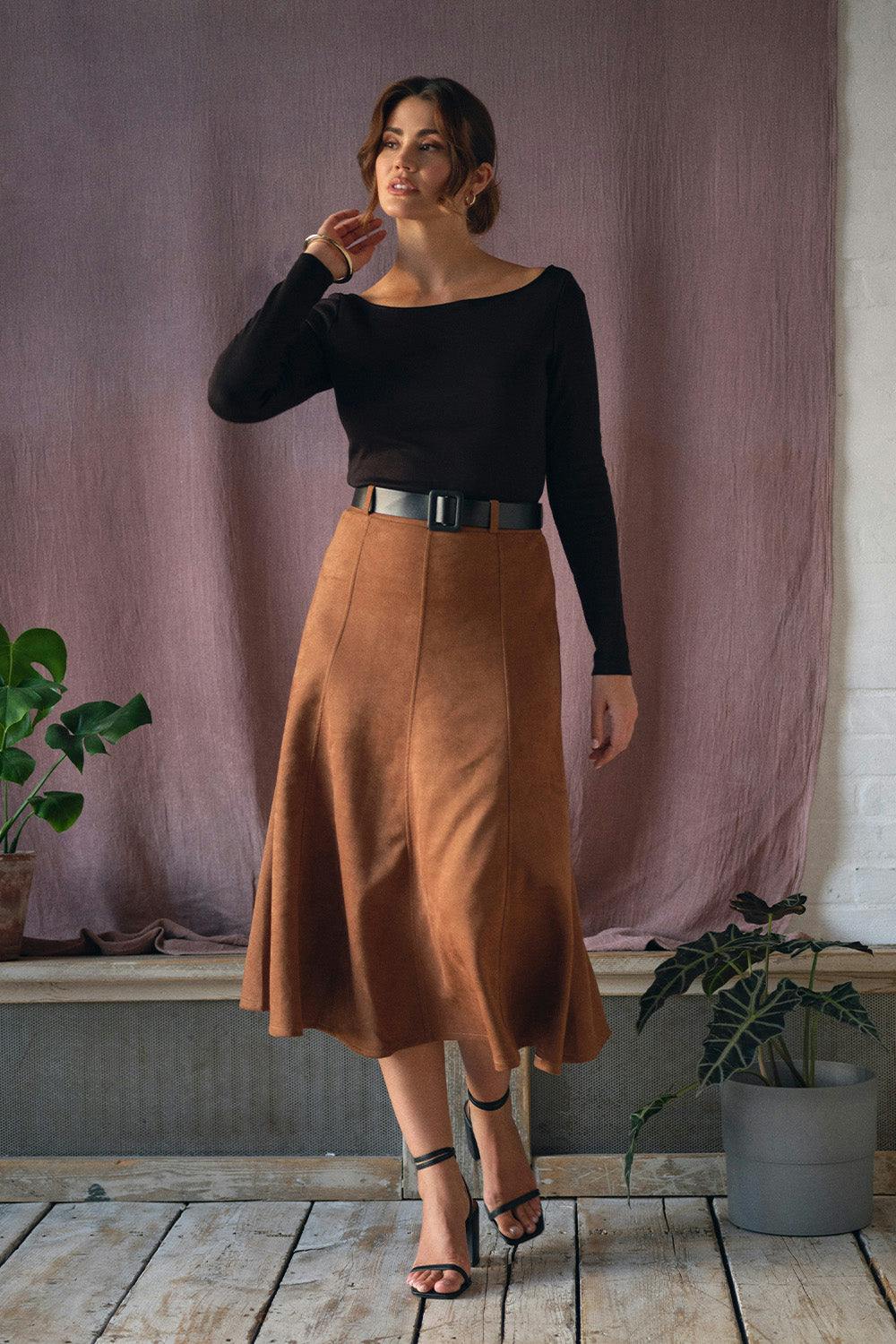 Izabel London Brown Belt Detail A-Line Midi Skirt - 18