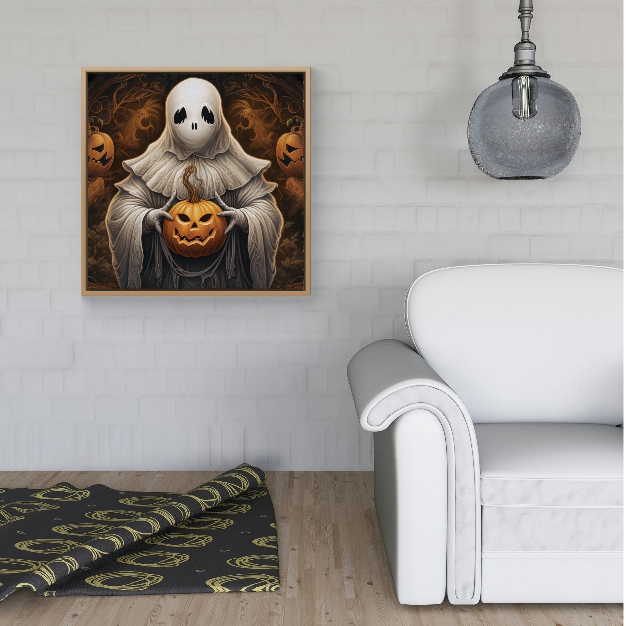 Rackhams White Spooky Ghost Holding Pumpkin Framed Canvas - 40" X 40" - Pine