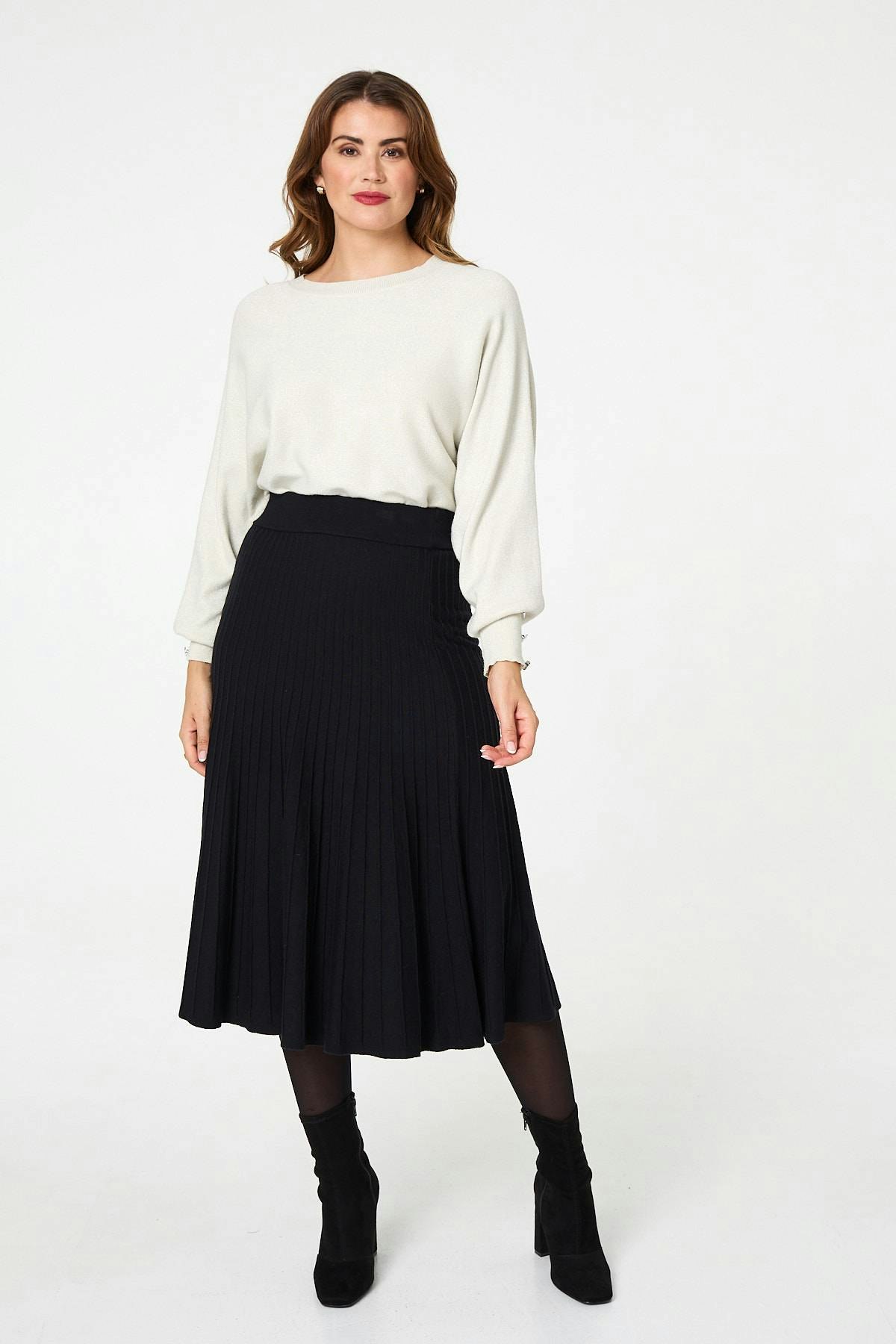Izabel London Black High Waist Pleated Knit Midi Skirt - 8