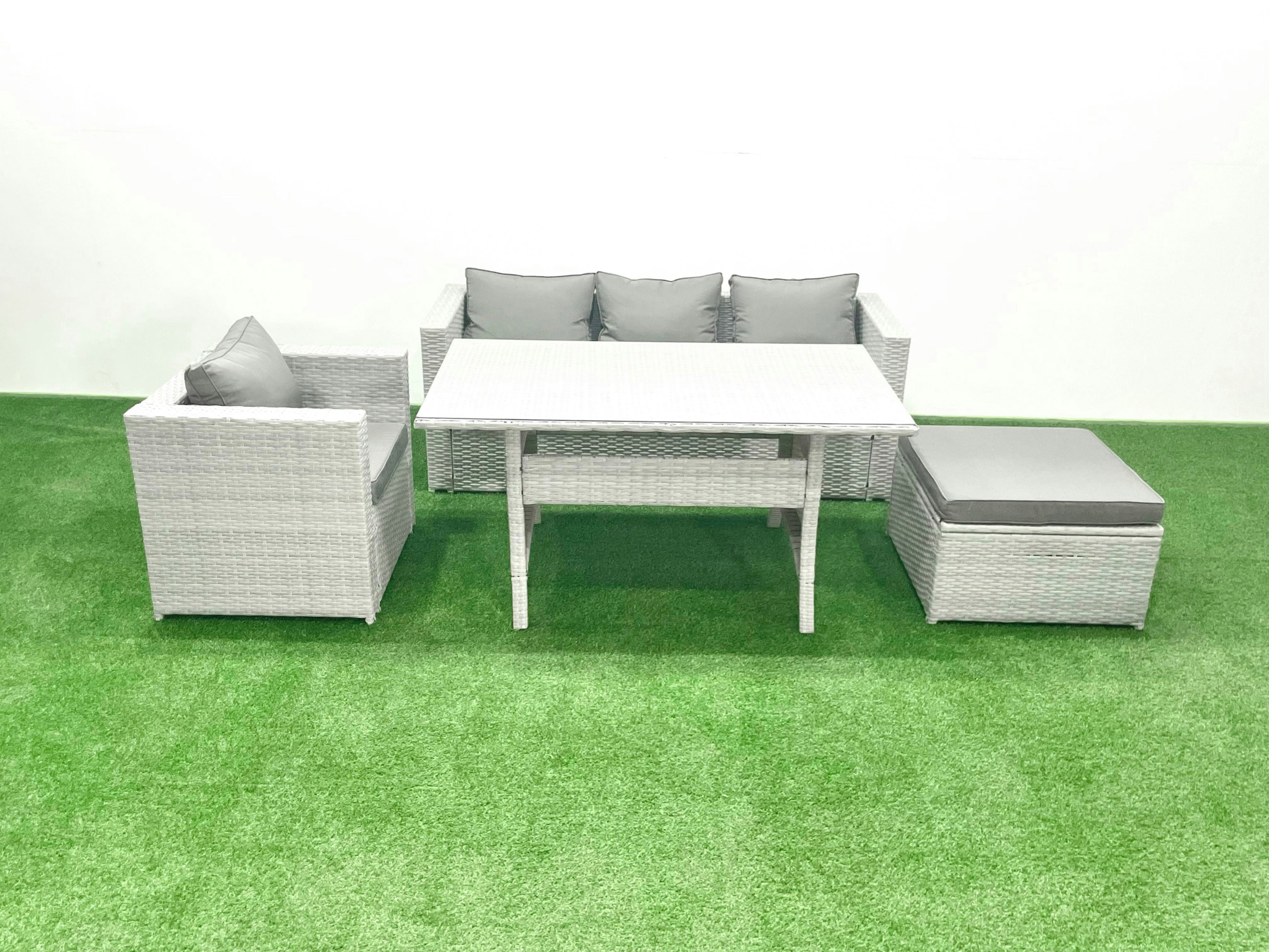 Fimous Light/Grey Garden Dining Set Outdoor Rattan Furniture Set With Sofa Dining Table Big Footstool Mixed