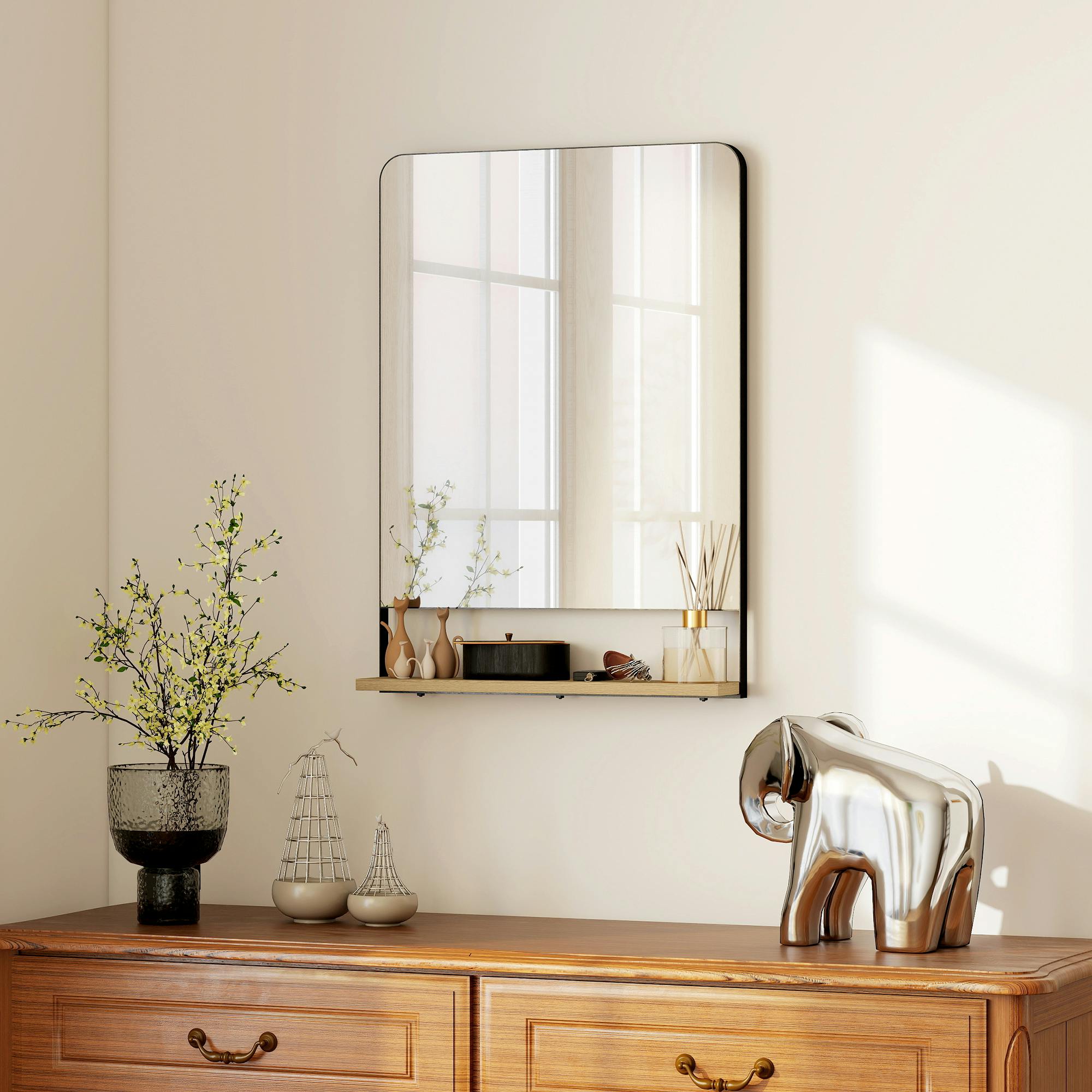 Homcom Black Decorative Mirror With Wood Shelf, Industrial Wall Mirror, - 70 X 50 X 10 Cm - Wall Mirror
