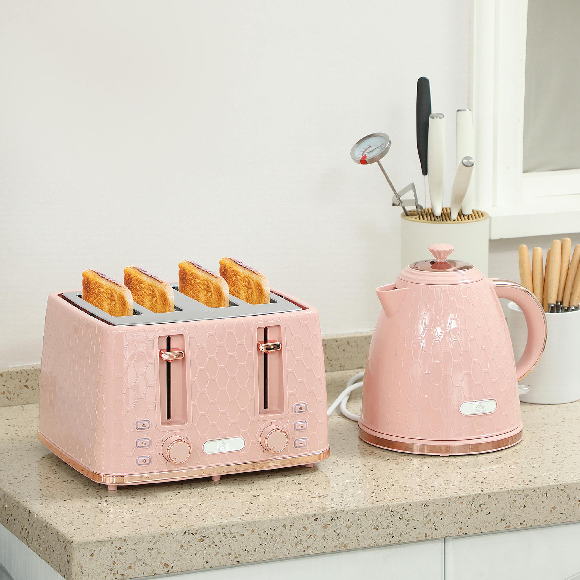 Bobobiy Light/Pink Kettle And Toaster Set, 1.7L 3000W Fast Boil Jug Kettle, 4 Slice Toaster With 7 Level Browning Controls, - Image 4