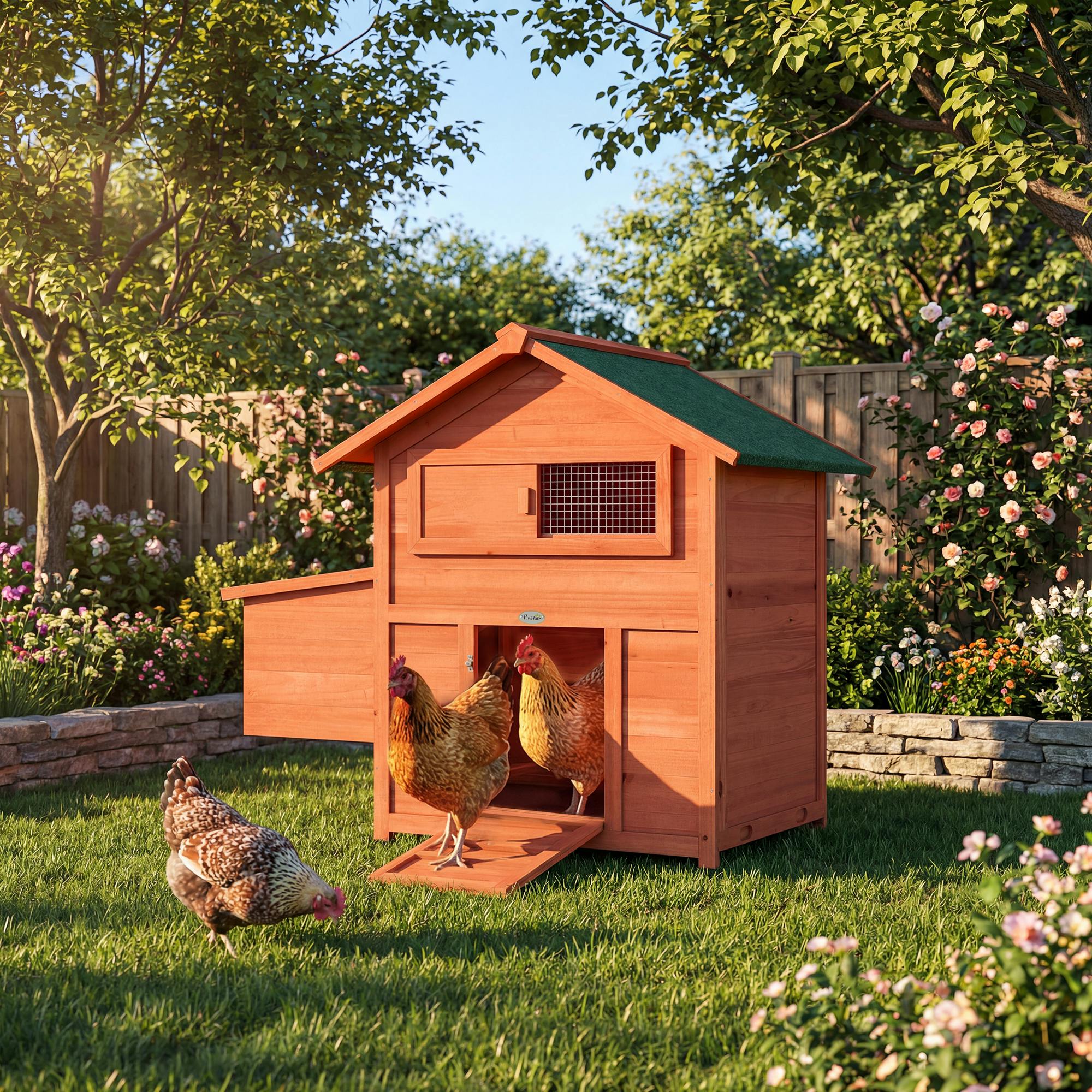 Pawhut Orange Chicken Coop, Wooden Hen House With Nesting Box, Pull-Out Tray - Chicken Coop - Fir Wood, Metal