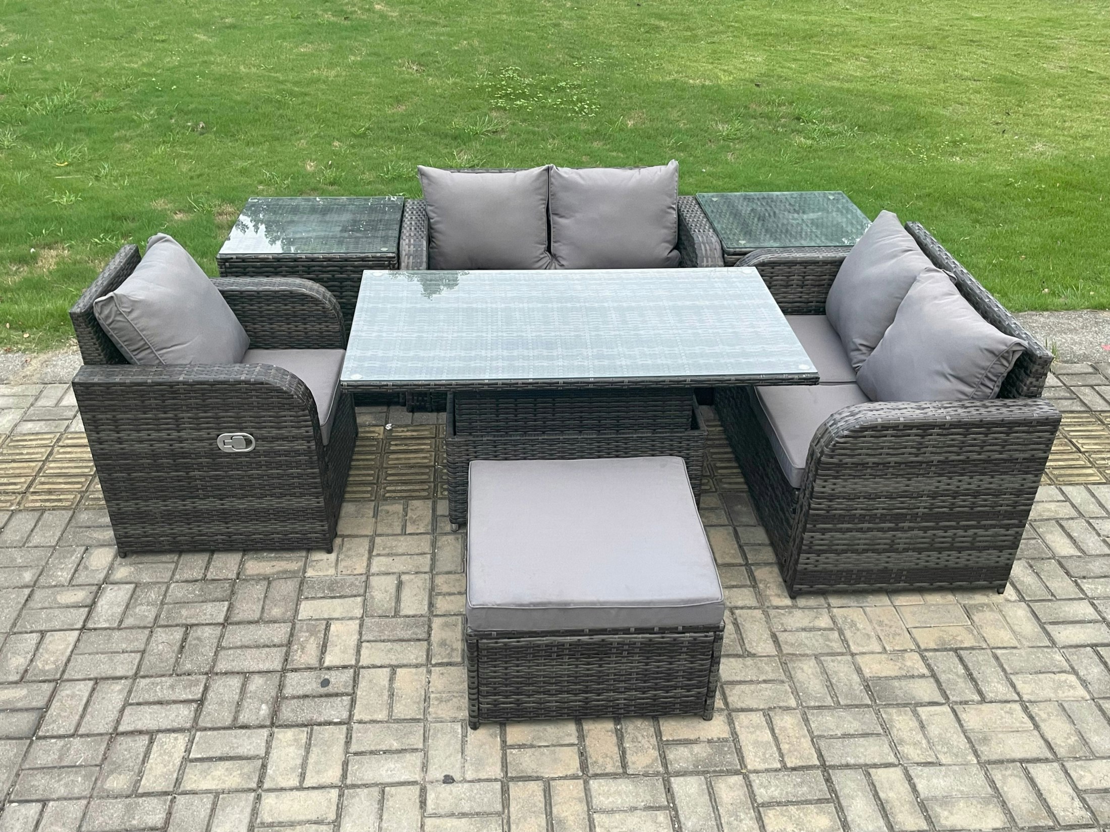 Fimous Dark/Grey 6 Seater Rattan Furniture Garden Dining Set Outdoor Height Adjustable Rising Lifting Table Love Sofa Chair With 2 Side Tables Big Footstool
