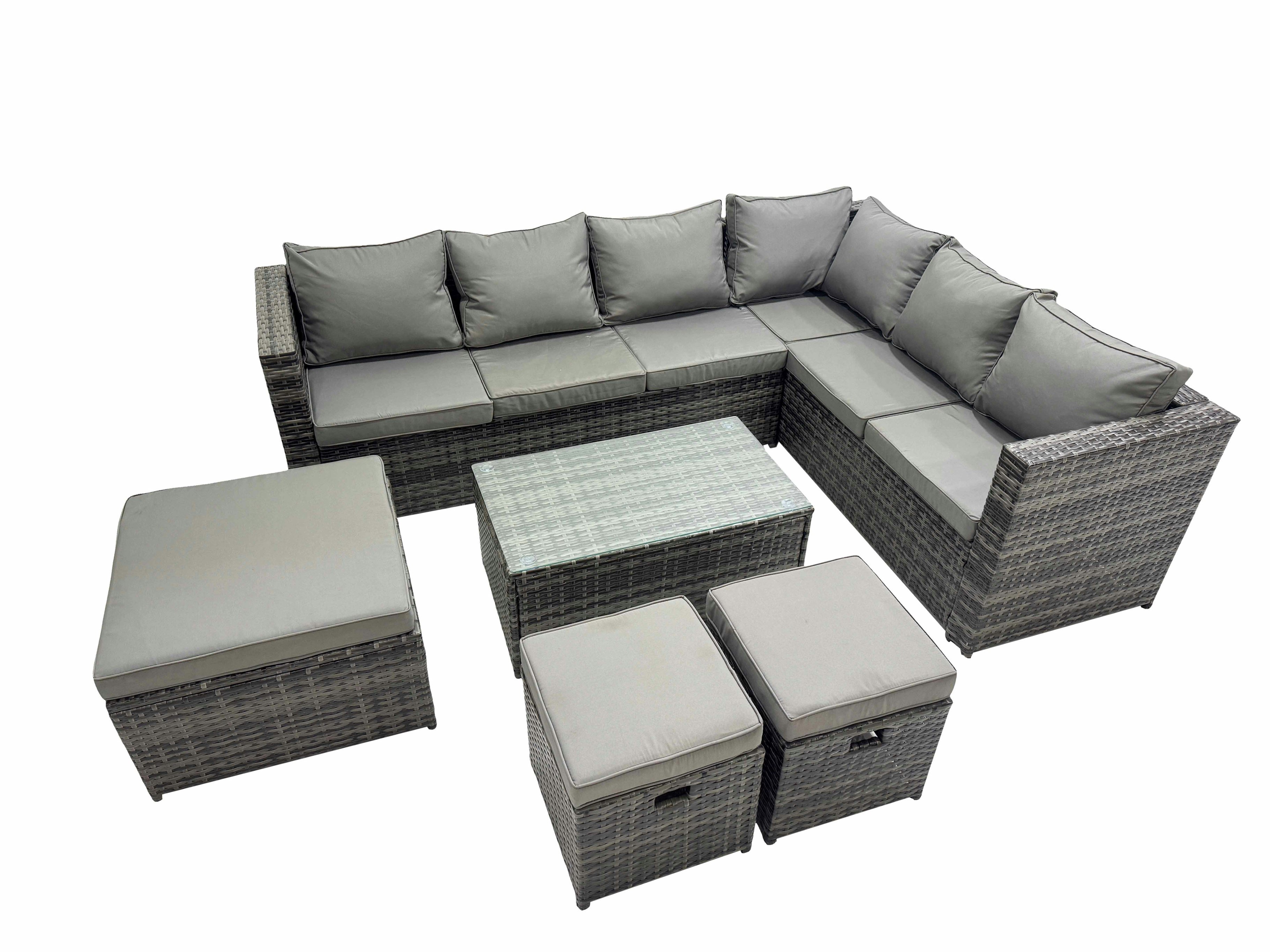 Rackhams Dark/Grey Outdoor Pe Rattan Garden Furniture Sofa Set With Oblong Coffee Table Big Stool 2 Small Stools