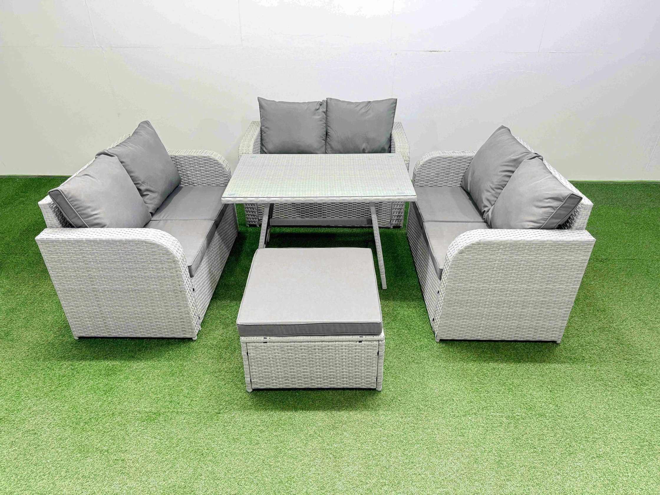 Rackhams Rattan Garden Furniture Dining Set 7 Seater Patio Rectangular Table Love Sofa Set With Big Stool