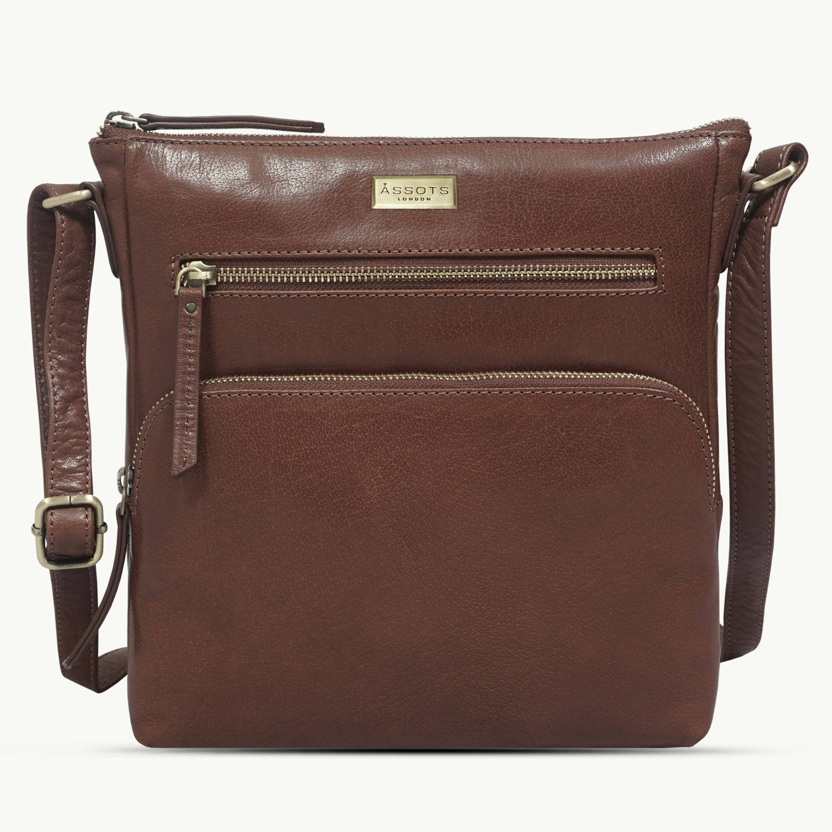 Assots London Brown 'Agatha' Vintage Polished Vt Real Leather Crossbody Bag
