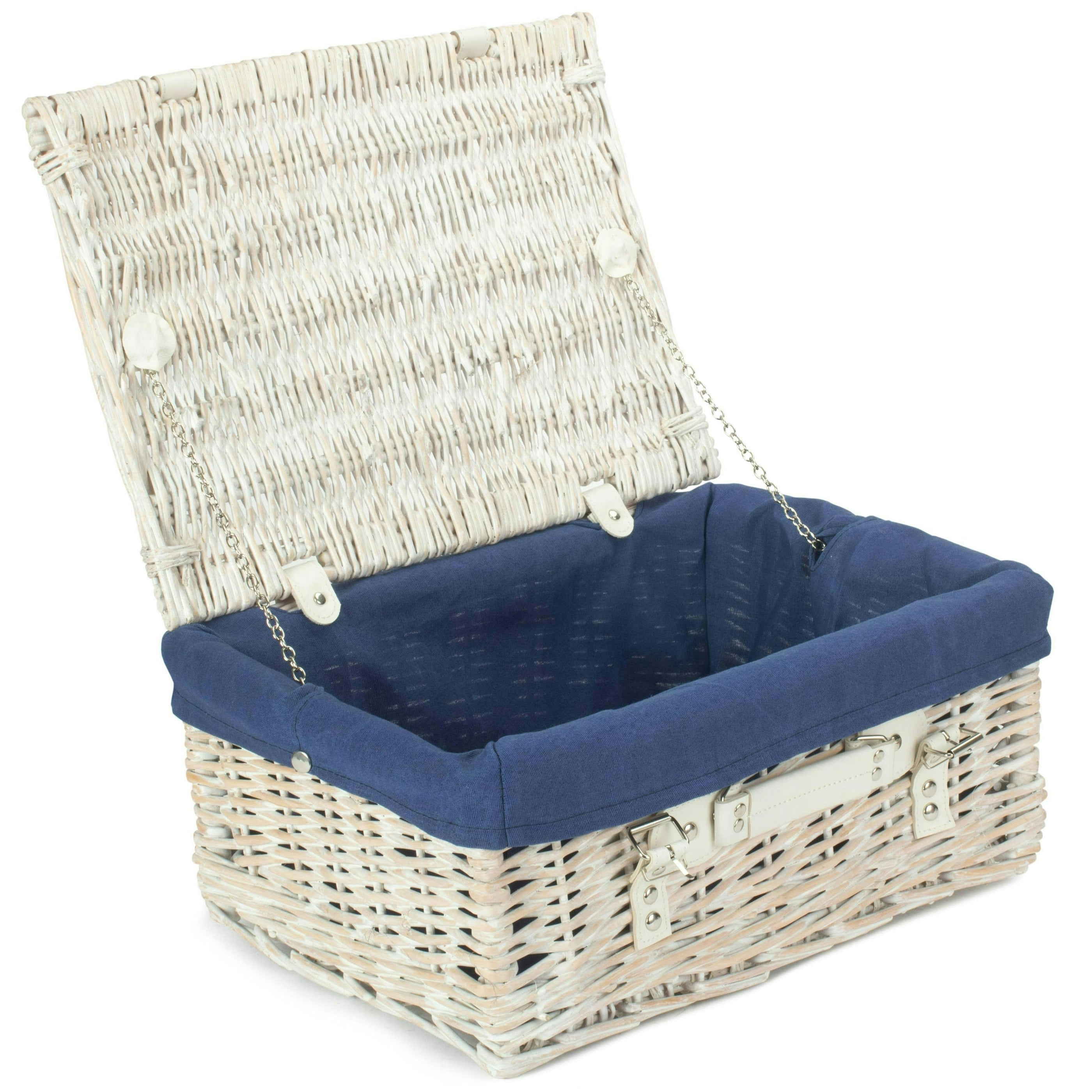 Rackhams White/Blue 41Cm Wash Wicker Willow Picnic Basket