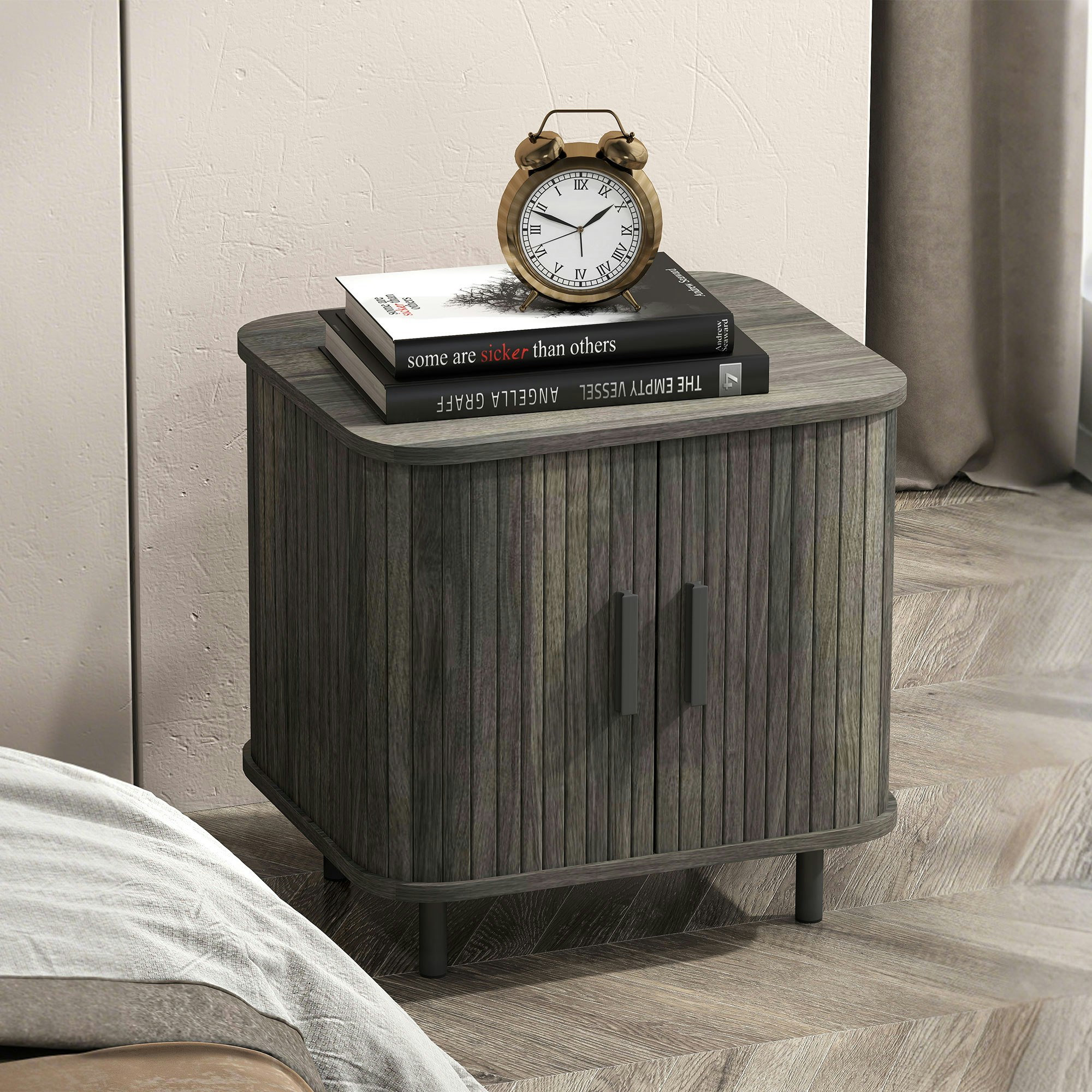 Rackhams Grey "Nordic Style With Roller Shutter Design Doors;","Sliding Doors Allow Easy Access;","2-Tier Storage Maximises Organisation;"