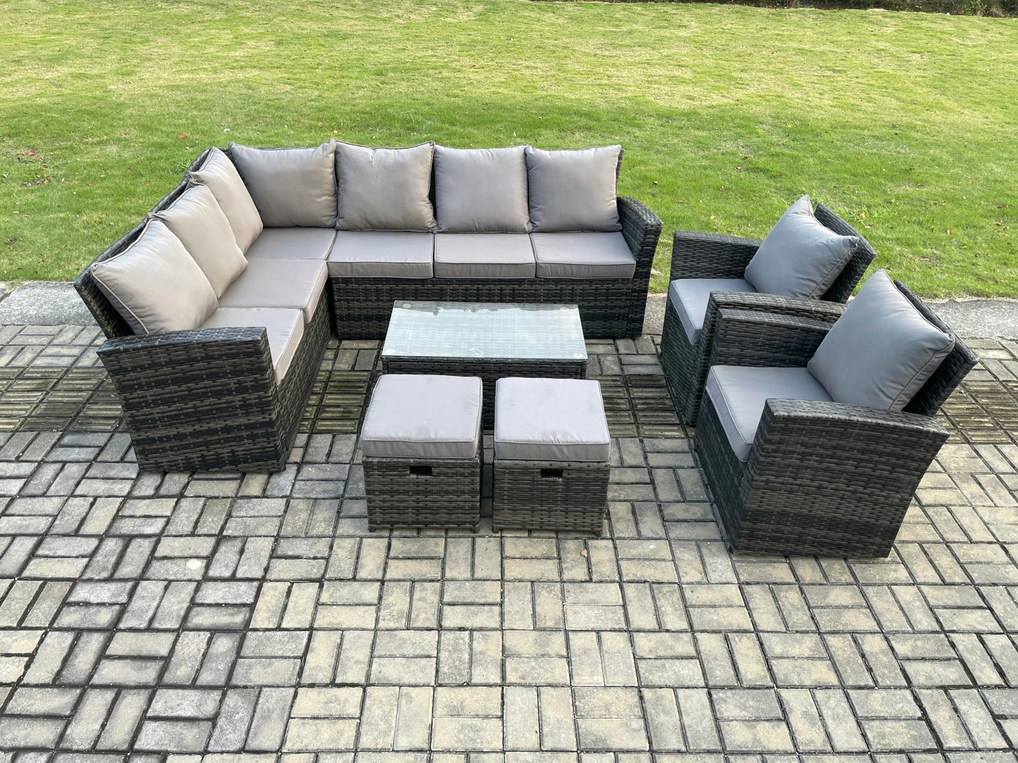 Fimous Dark/Grey 10-Seater Rattan High Back Corner Sofa Set | Rectangular Coffee Table, 2 Armchairs, 2 Footstools