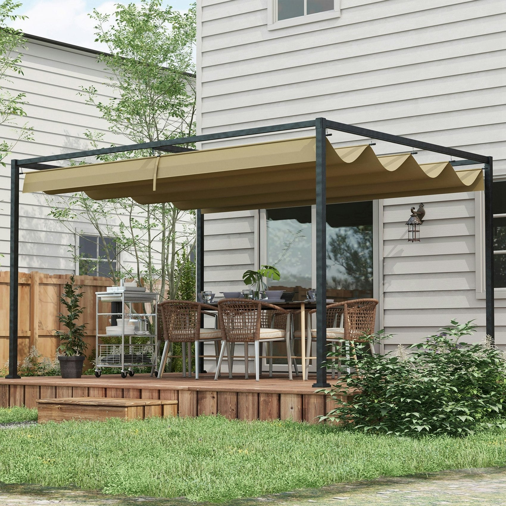 Rackhams Grey 3 X 2M Metal Pergola Gazebo Patio Sun Shelter Retractable Canopy - Khaki - Metal, Polyester - 400L X 300W X 222Hcm
