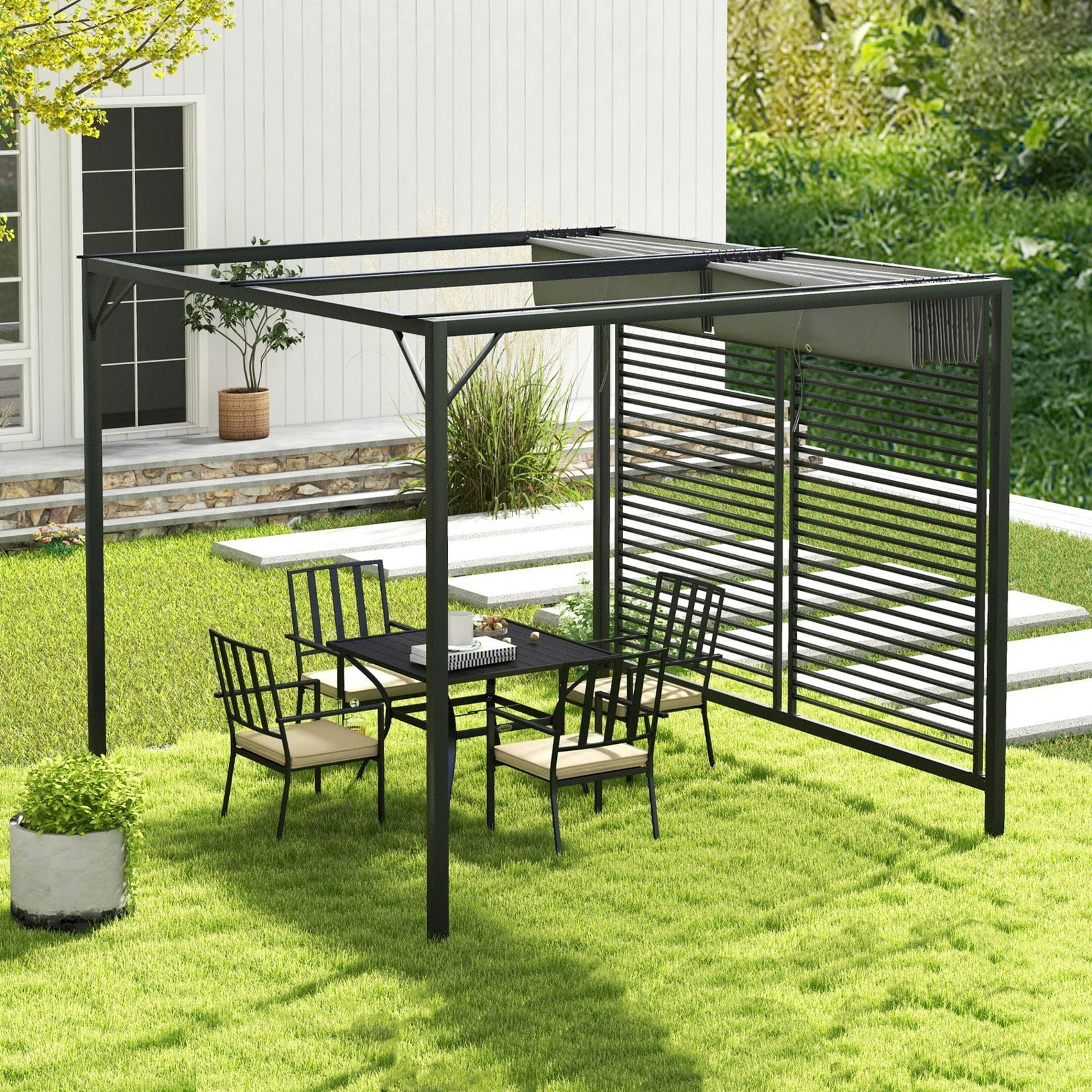 Rackhams Grey Metal Pergola Patio Sun Shelter Grape Tent Retractable Canopy Uv Cut - Metal, Polyester - 300Cm X 280Cm X 238Cm