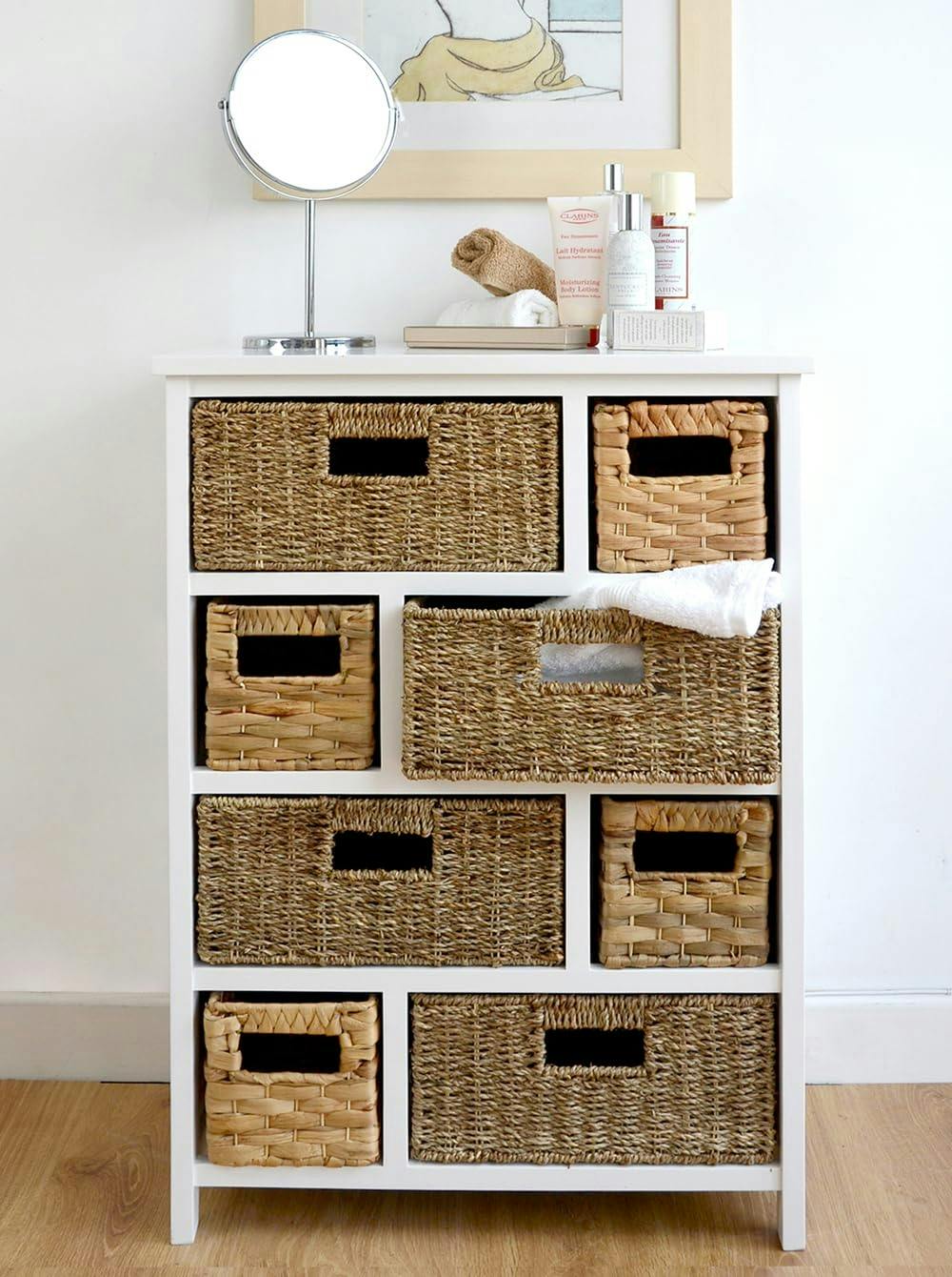 Rackhams White Tetbury 8 Drawer Storage Unit With Baskets Assembled - Natural Baskets