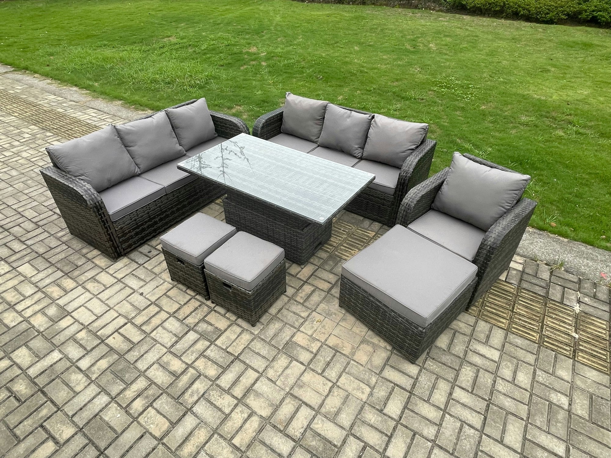 Fimous Dark/Grey Outdoor Rattan Garden Furniture Sets Height Adjustable Rising Lifting Dining Table Sofa Set With Reclining Chair 3 Footstools Mixed