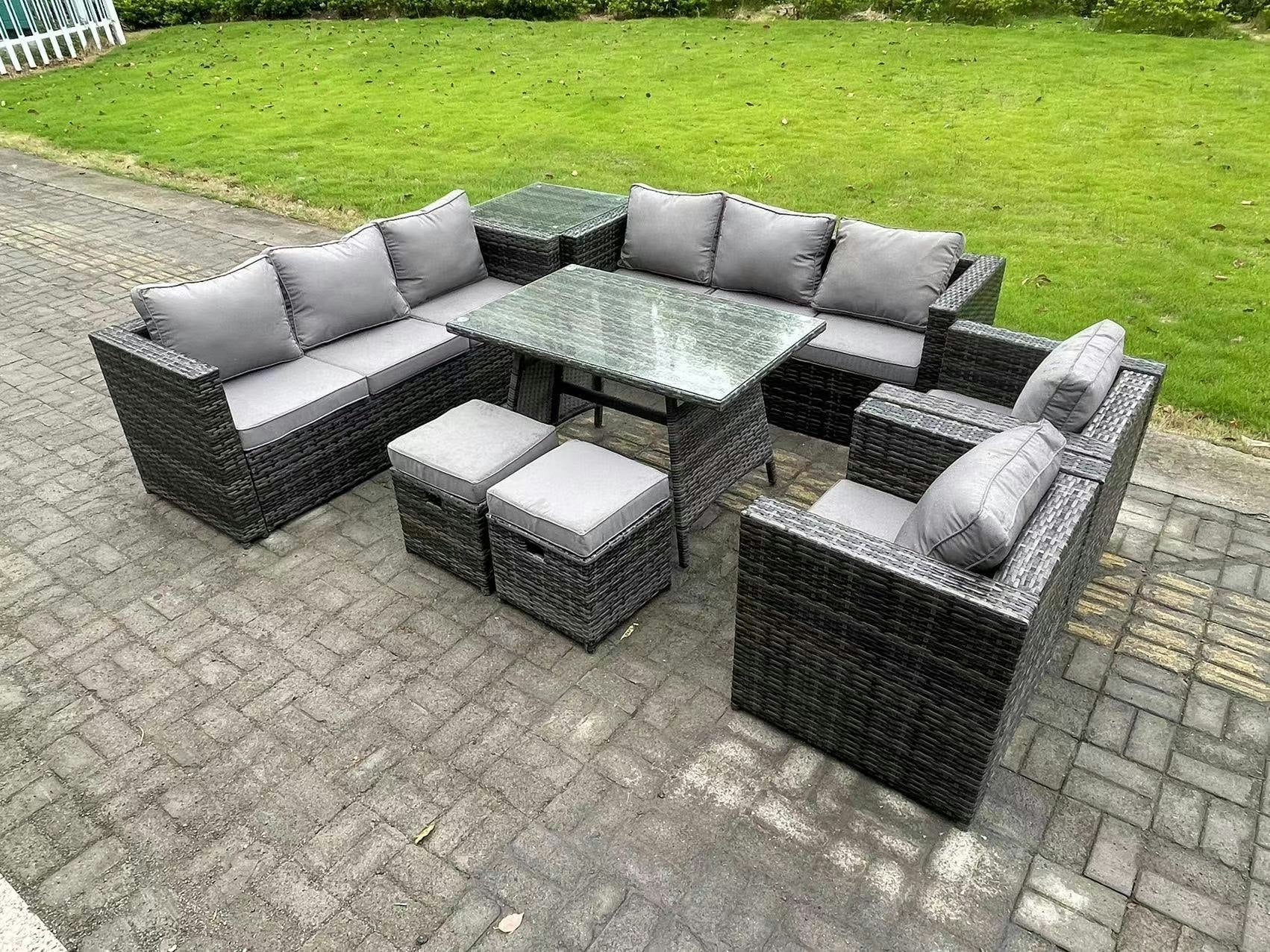 Fimous Dark/Grey 10 Seater Wicker Pe Rattan Outdoor Furniture Lounge Sofa Garden Dining Set With Dining Table Side Table Armchairs 2 Stools Mixed