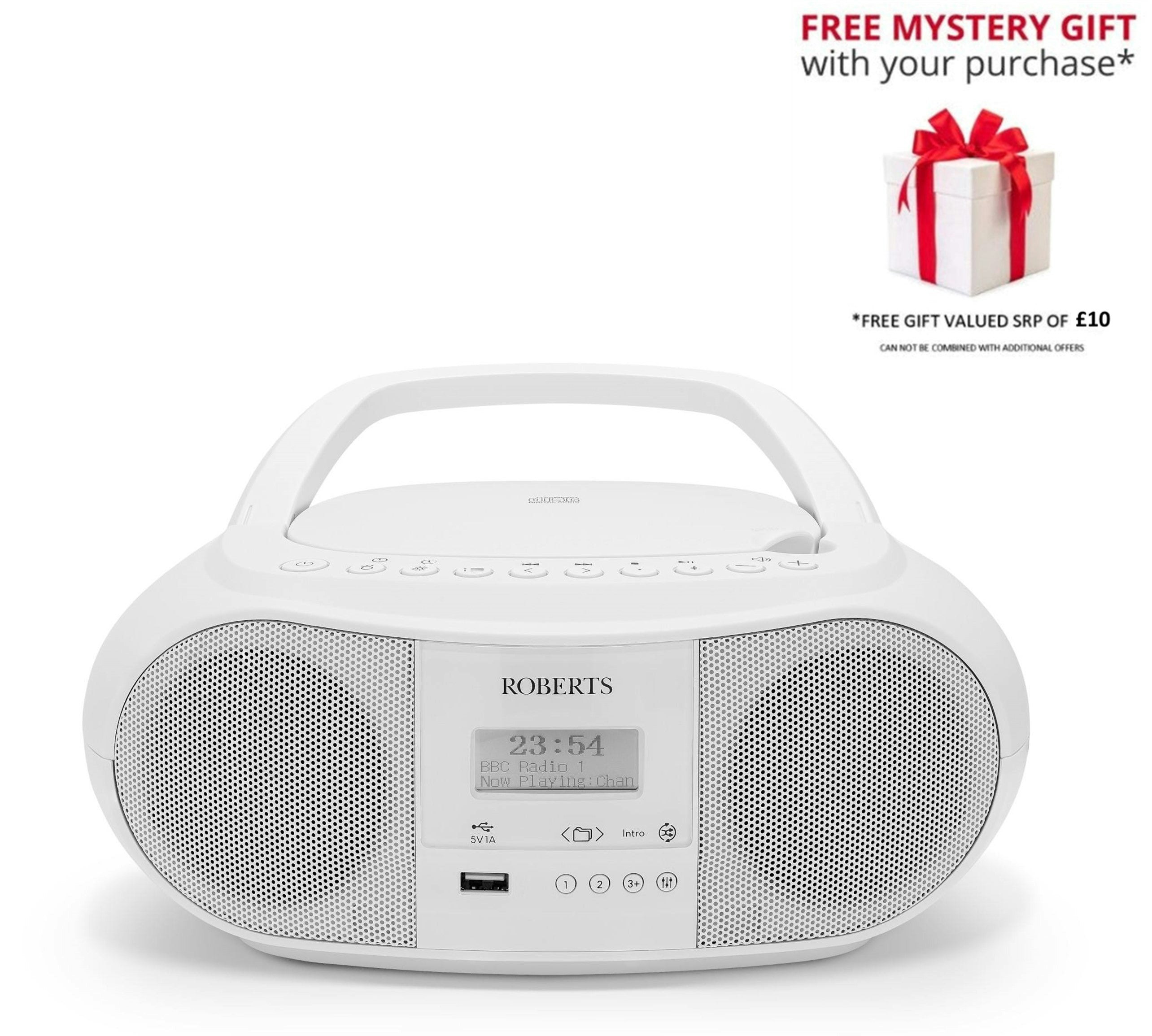 Roberts White Zoombox 4 Dab/Dab+/Fm Bluetooth Portable Boombox - Free Gift Rrp £10!