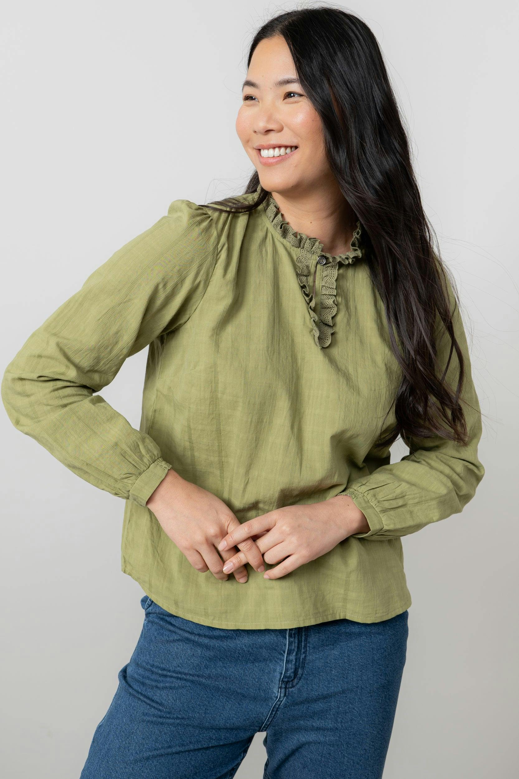 Lily & Me Emily Organic Cotton Check Keyhole Blouse Moss - 10 - Moss