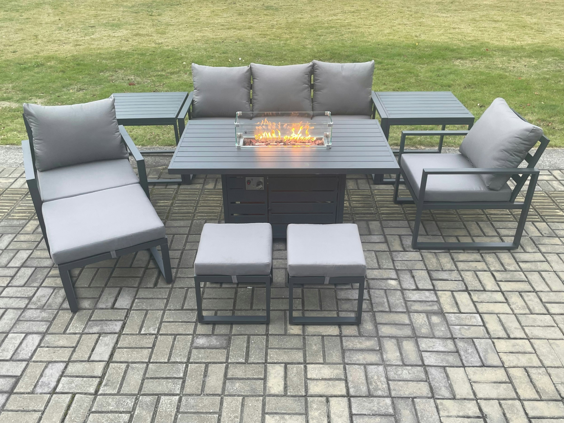 Rackhams Dark/Grey Aluminium Patio Outdoor Garden Furniture Lounge Sofa Set Gas Fire Pit Dining Table With 2 Side Tables 3 Footstools