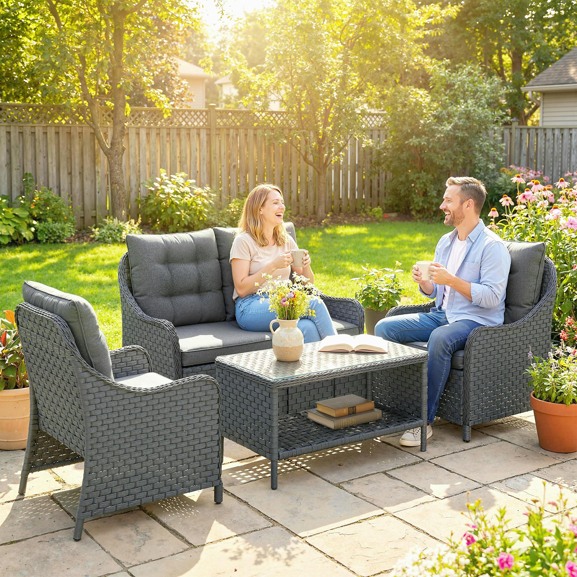 Rackhams 4 Piece Rattan Patio Furniture Set With Removable Cushion Covers
