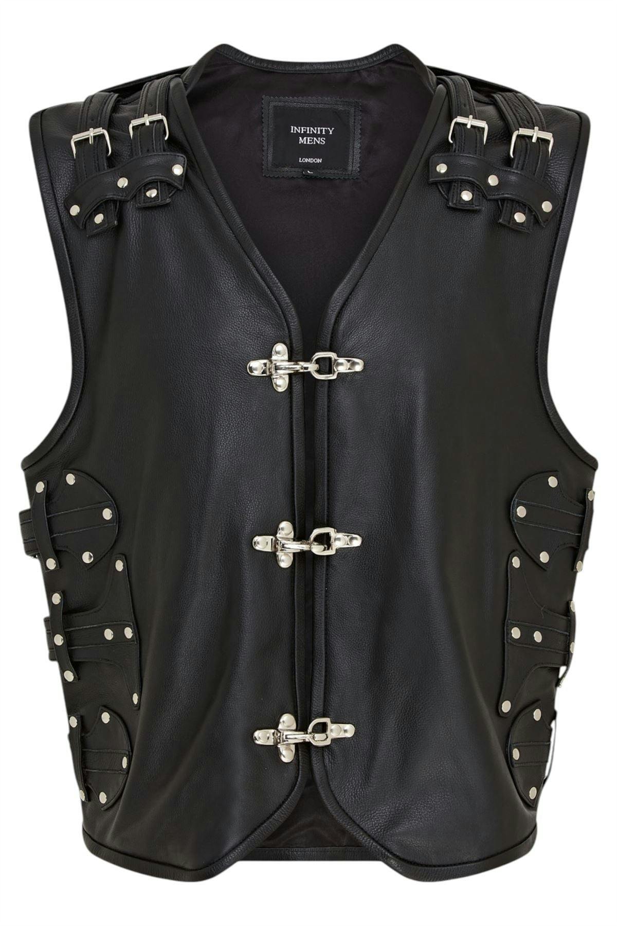 Infinity Leather Men's Black ’S Biker Leather Waistcoat Metal Buckles Vest - Coolgardie - Uk S | Eu 46 | Us 36