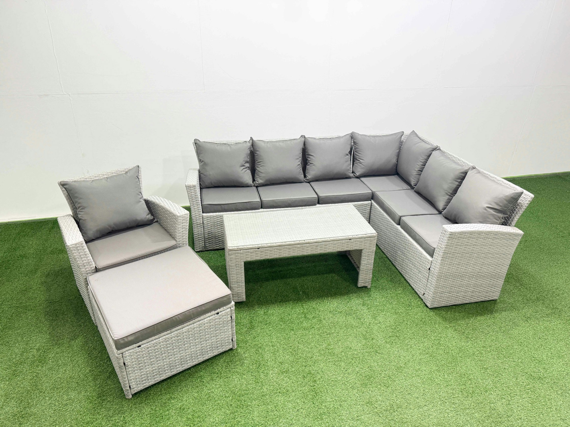 Rackhams Light/Grey 8 Seater Garden Outdoor Rattan Furniture Set Rattan Corner Sofa Oblong Coffee Table With Big Footstools Mixed