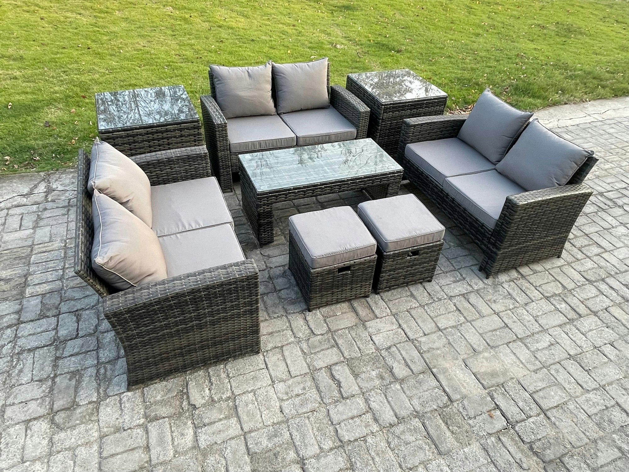 Fimous Dark/Grey Outdoor U-Shape Sofa Set - Mixed Pe Wicker Rattan Garden Furniture With Coffee Table & 2 Footstools