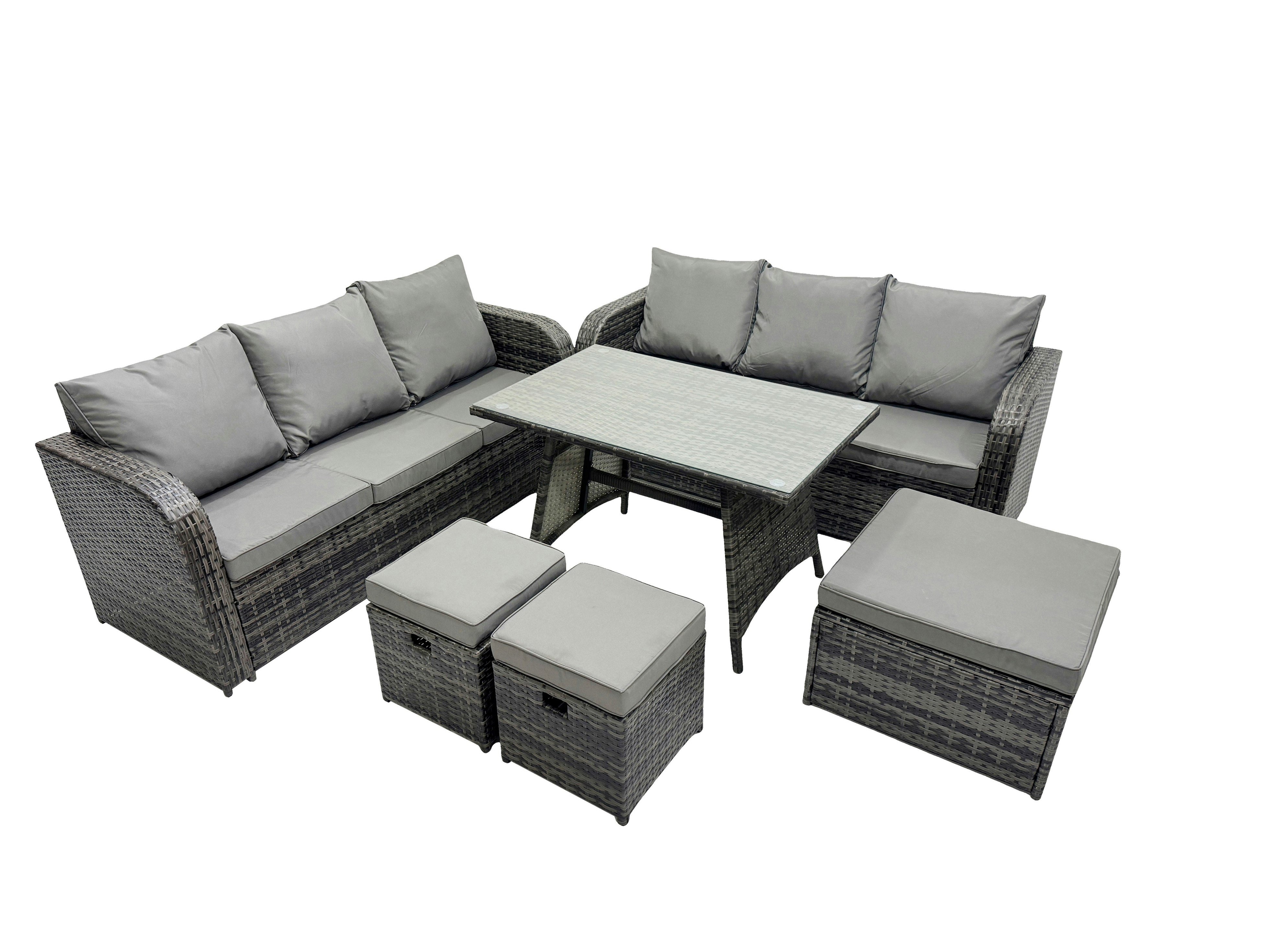 Rackhams Dark/Grey Garden Rattan Outdoor Furniture Set 9 Seater With 3 Seater Sofa 3 Stools