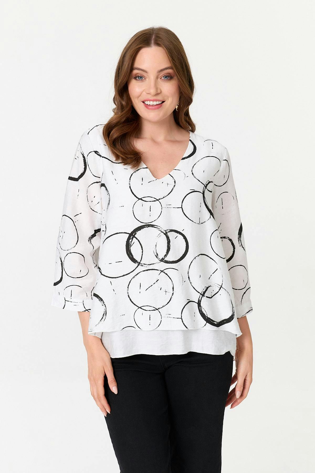 Izabel London White Printed 3/4 Sleeve Relaxed Layered Top - 10
