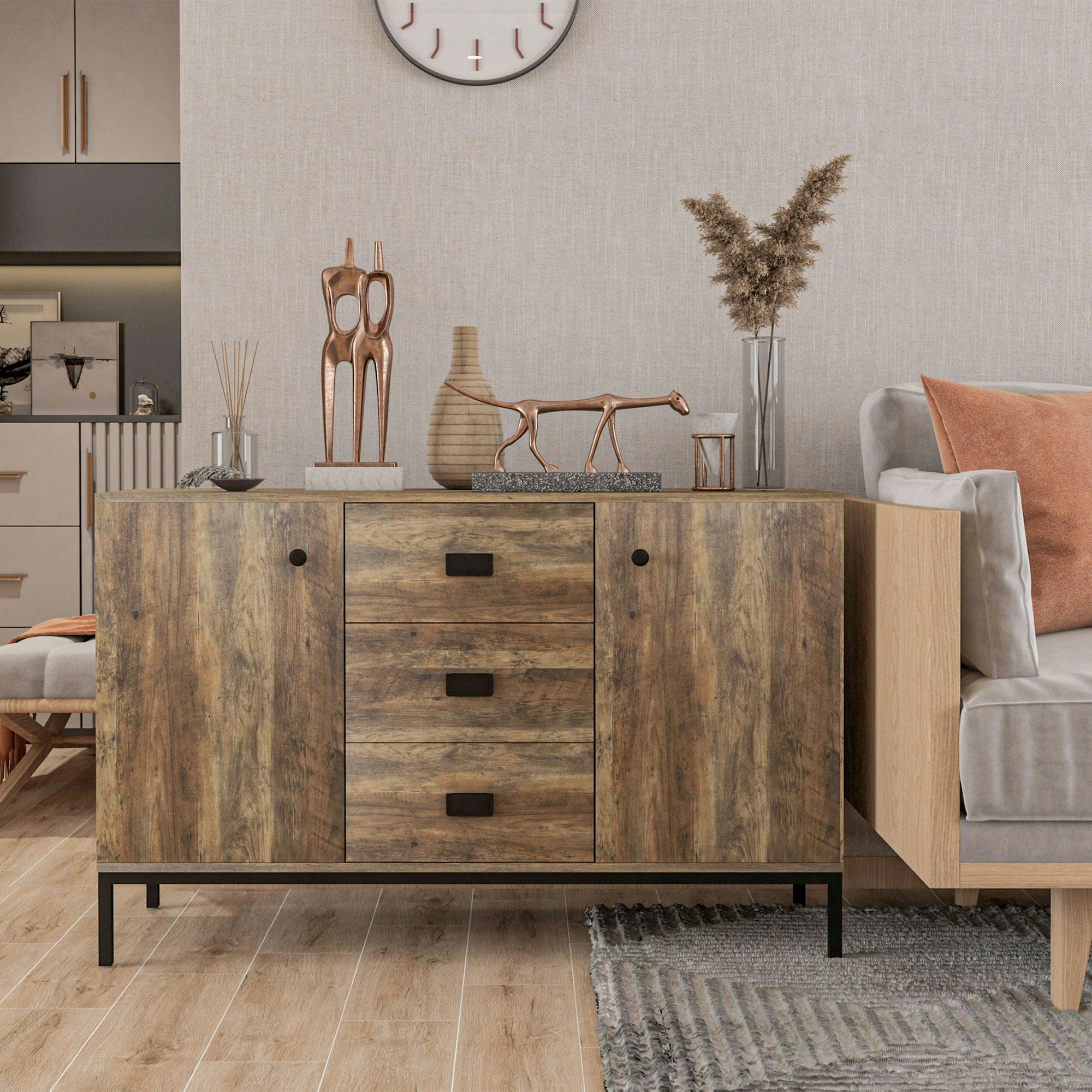 Rackhams Brown Industrial Sideboard, Storage Cabinet, Accent Cupboard Distressed
