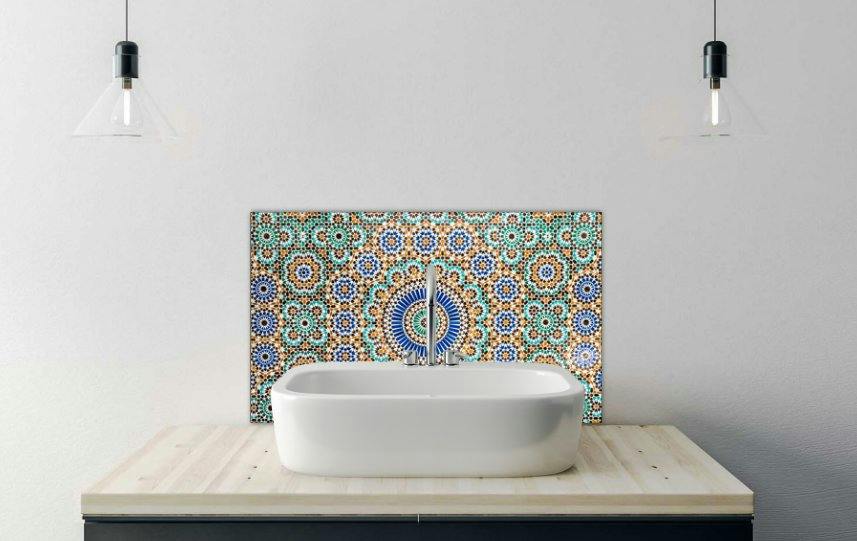 Printed Glass Bathroom Splashback - moroccan vintage tile background - 500x300mm