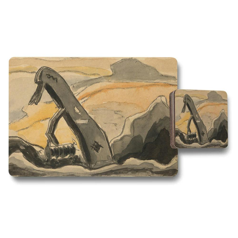Benjamin Tate Design Beige/Amber Desert Landscape Excavator Art Placemat And Coaster Set