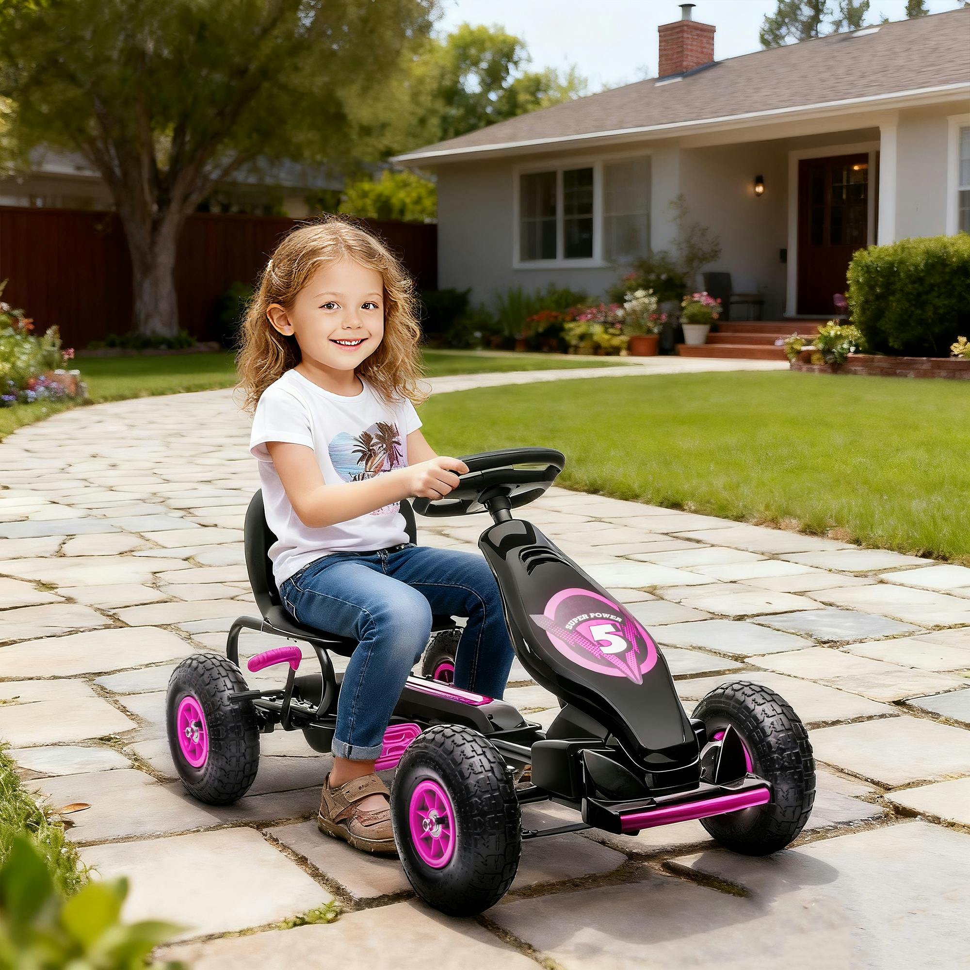 Homcom Pink Children Pedal Go Kart W/ Adjustable Seat, Rubber Wheels, Brake