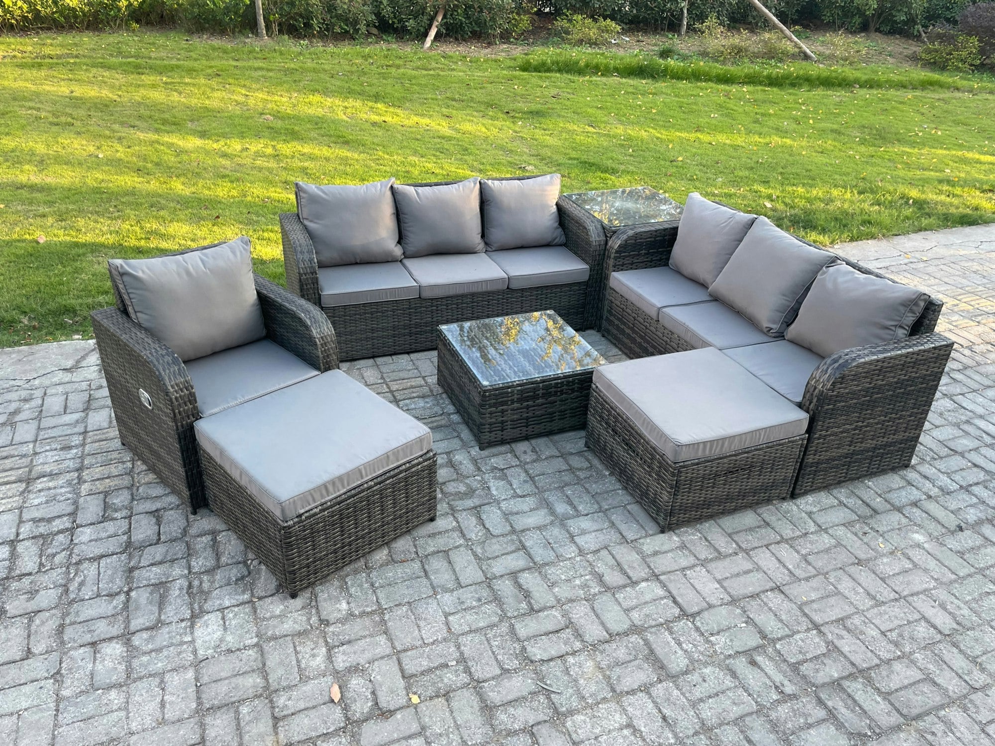 Rackhams Dark/Grey 9 Seater Mixed Rattan Outdoor Sofa Set - Conservatory Patio, Coffee Table, Reclining Chair, 2 Big Footstools & Side Table